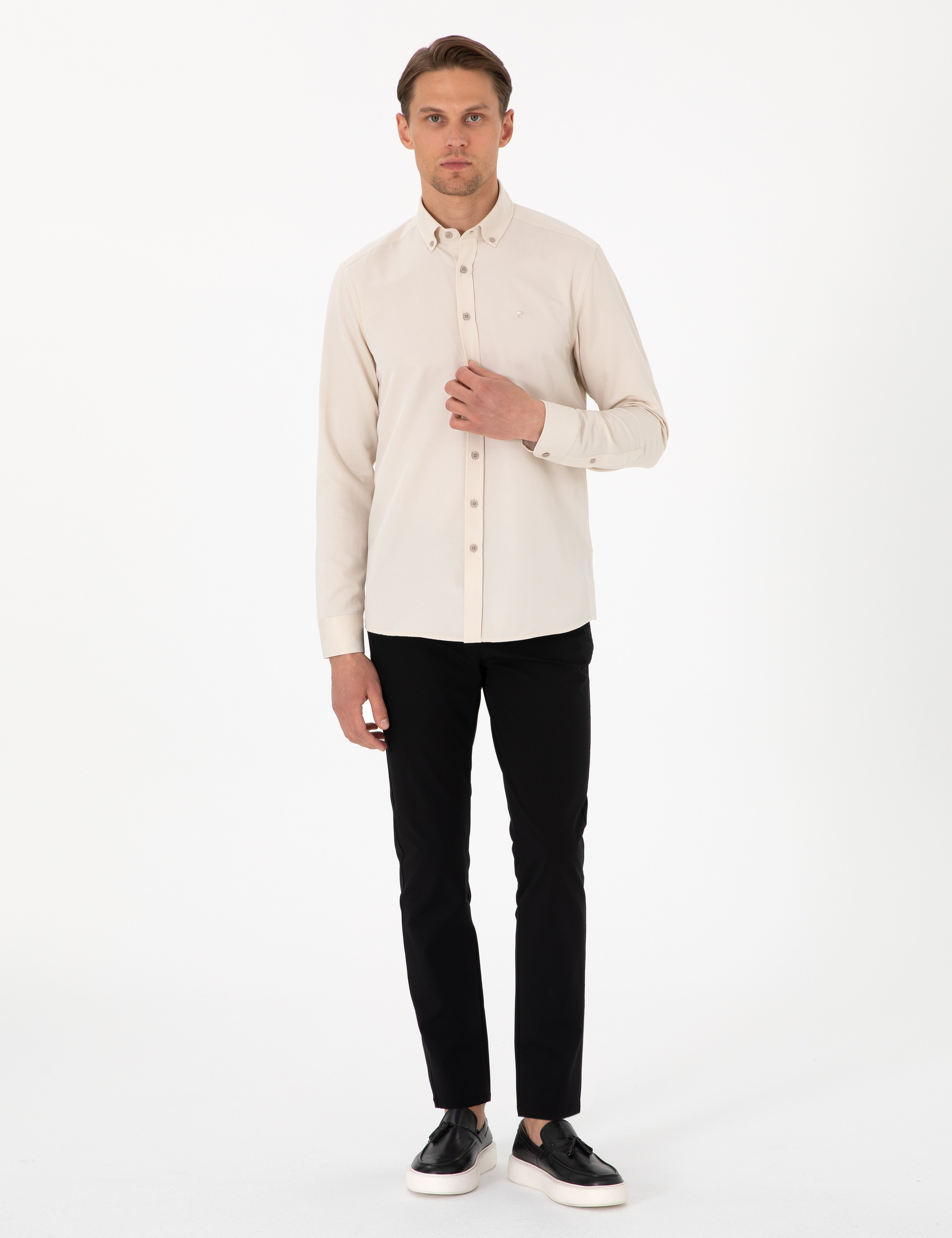 Bej Oxford Slim Fit Kolay Ütülenebilir Gömlek