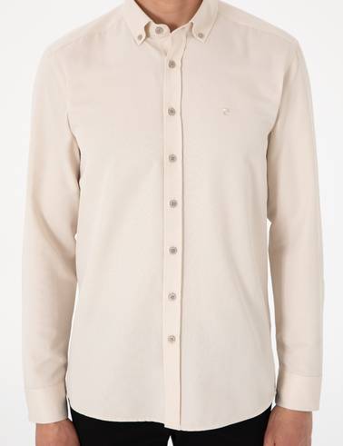 Bej Oxford Slim Fit Kolay Ütülenebilir Gömlek