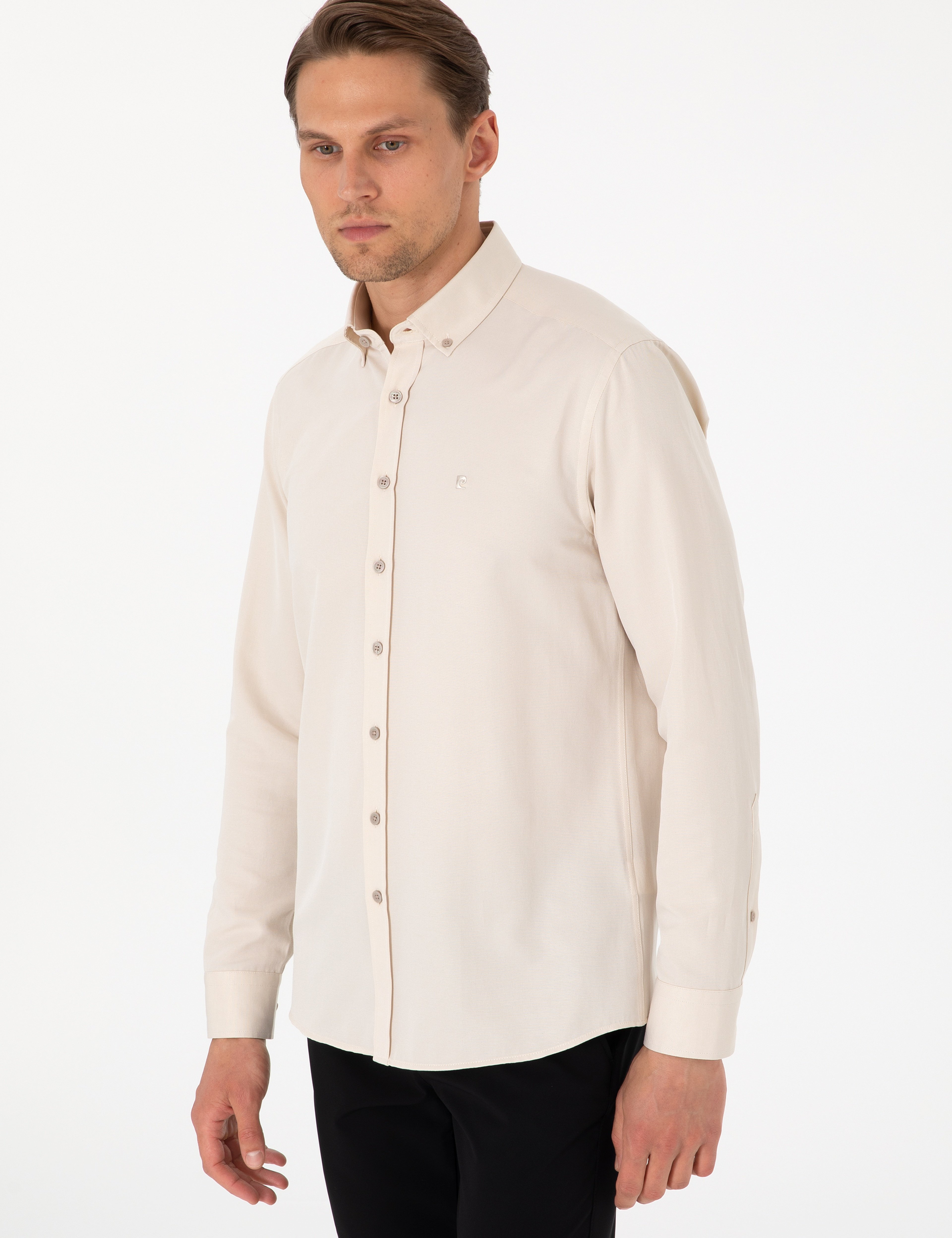 Bej Oxford Slim Fit Kolay Ütülenebilir Gömlek