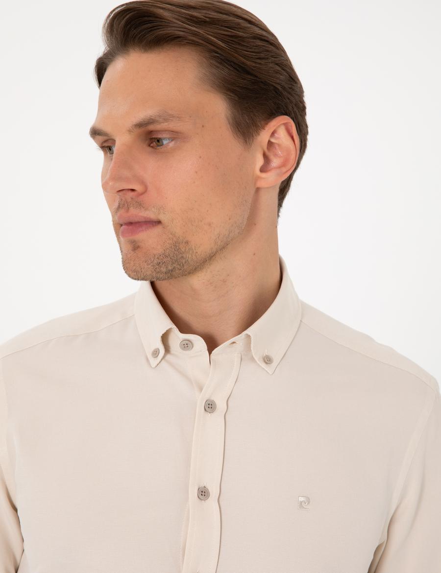 Bej Oxford Slim Fit Kolay Ütülenebilir Gömlek