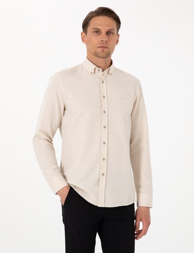 Bej Oxford Slim Fit Kolay Ütülenebilir Gömlek