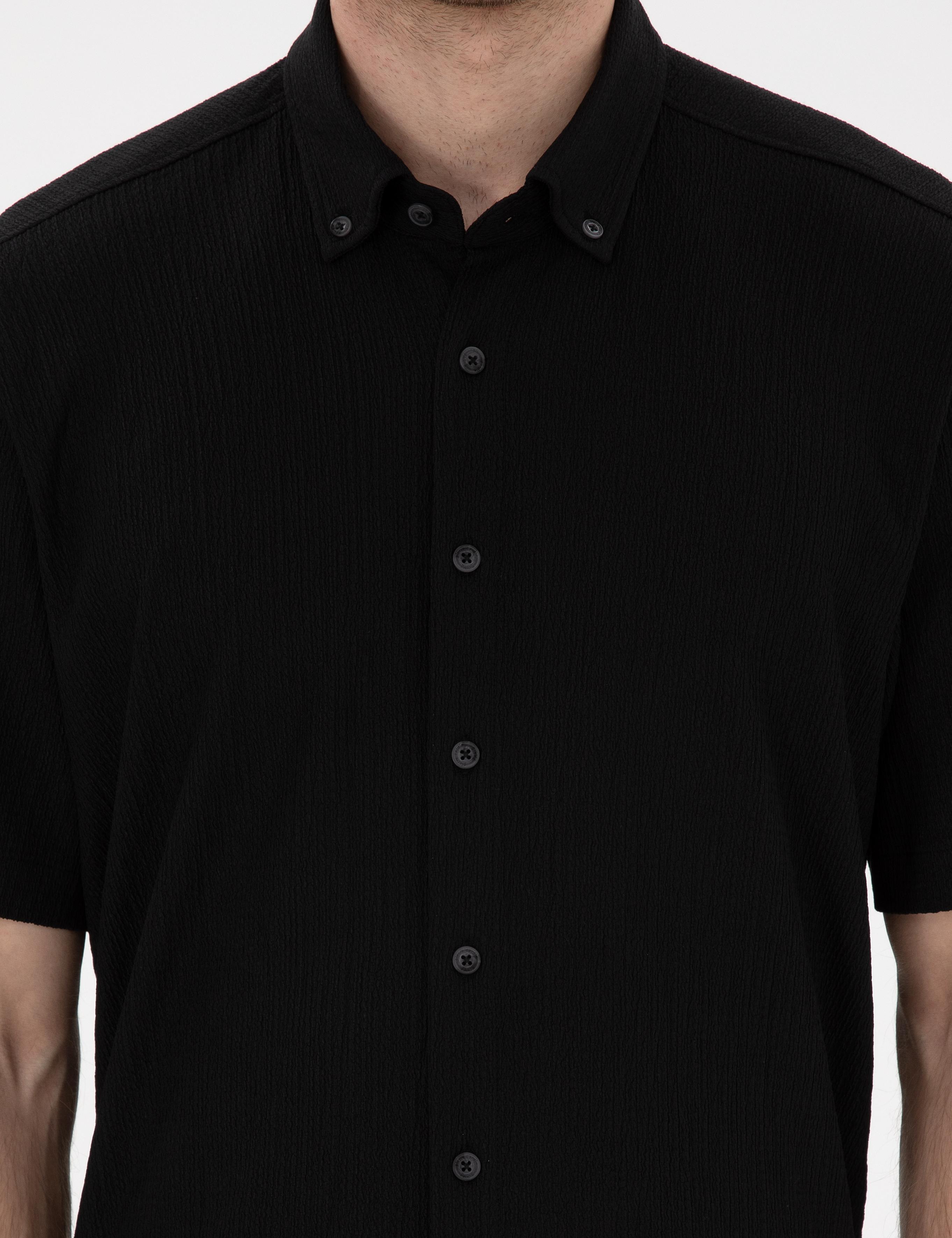 Siyah Comfort Fit Rahat Giyilebilir Kısa Kollu Gömlek