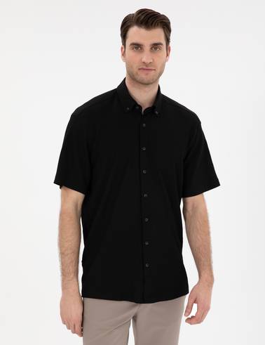 Siyah Comfort Fit Rahat Giyilebilir Kısa Kollu Gömlek