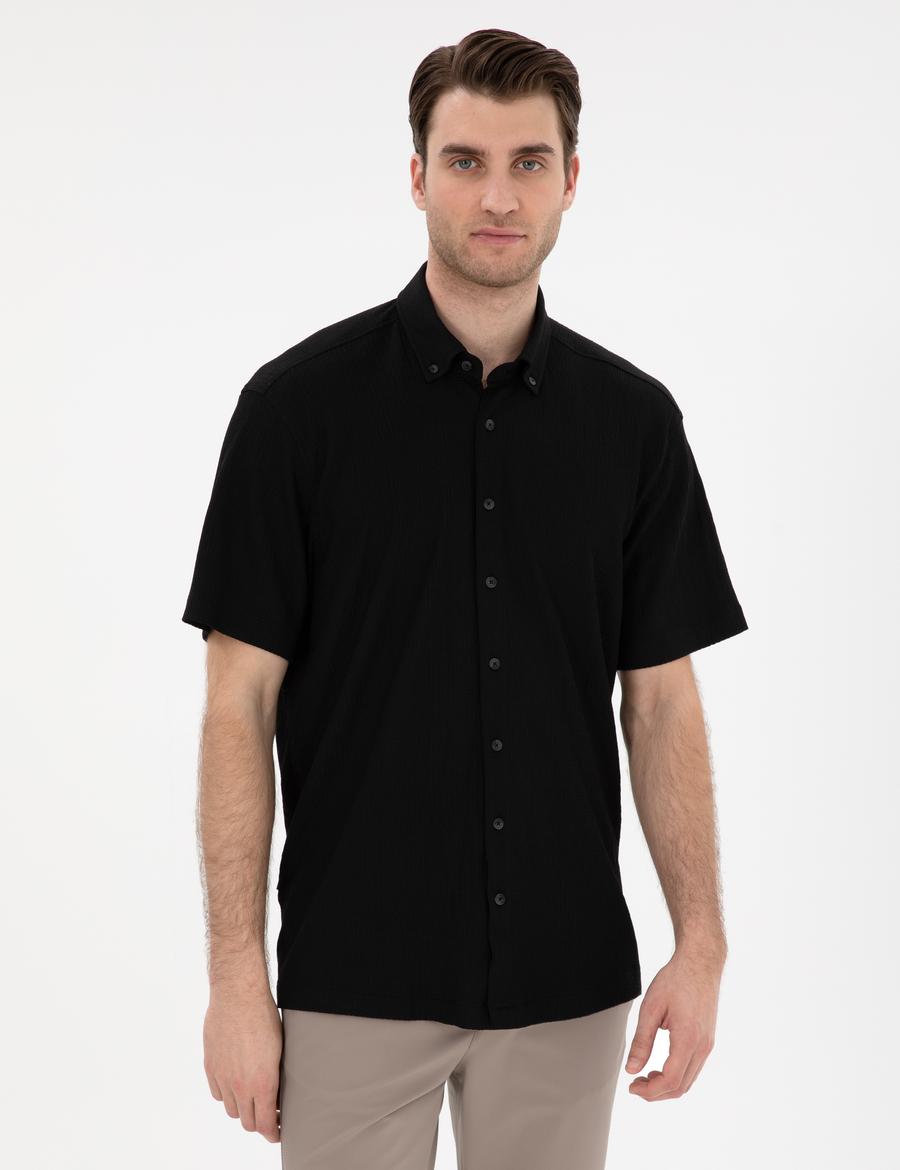 Siyah Comfort Fit Rahat Giyilebilir Kısa Kollu Gömlek