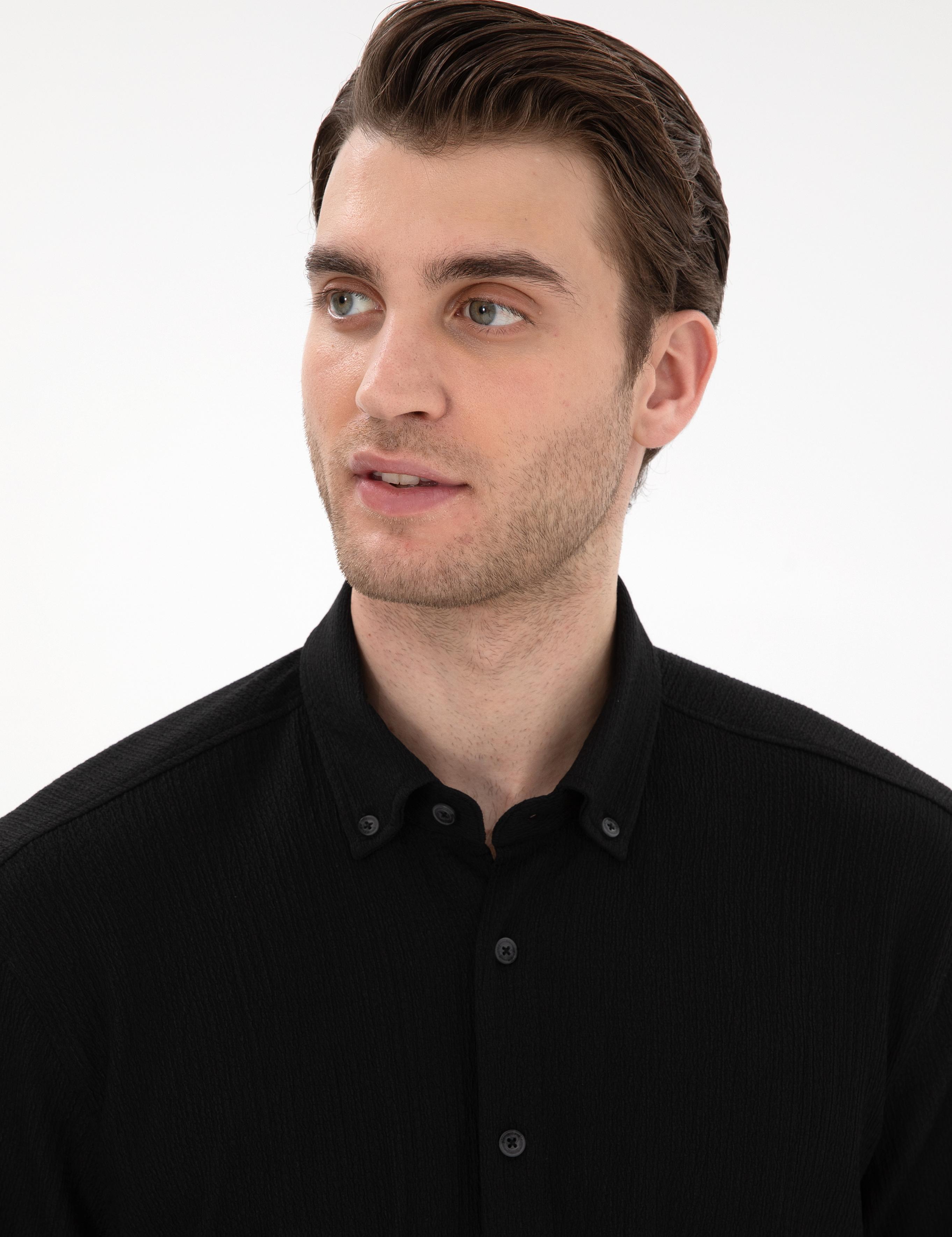 Siyah Comfort Fit Rahat Giyilebilir Kısa Kollu Gömlek