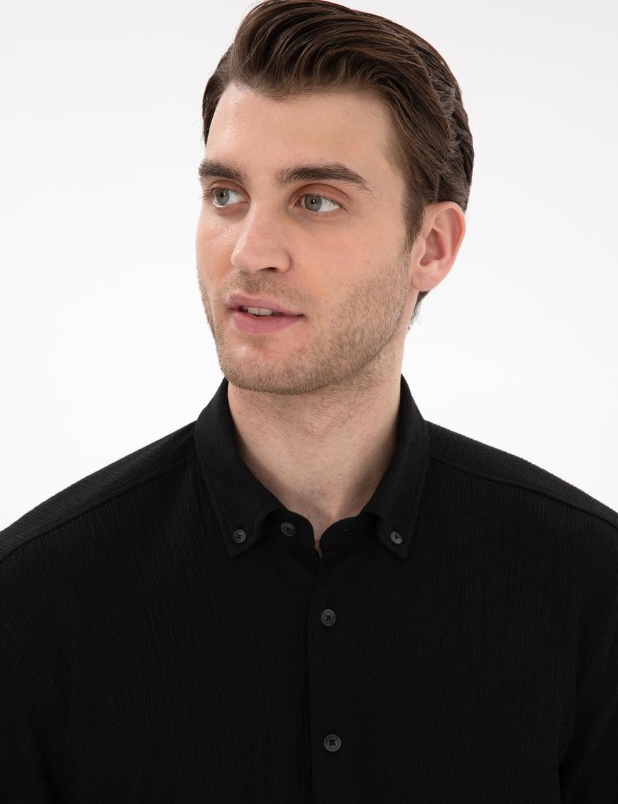 Siyah Comfort Fit Rahat Giyilebilir Kısa Kollu Gömlek