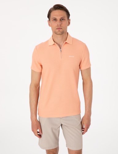 Somon Slim Fit Örme Dokulu Fermuarlı Polo Yaka Tişört