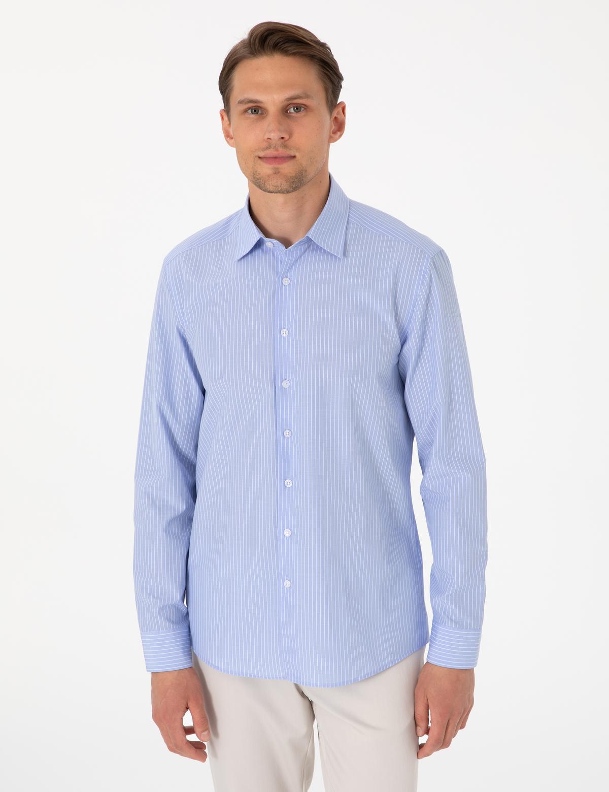 Açık Mavi Slim Fit Çizgili Uzun Kollu Gömlek