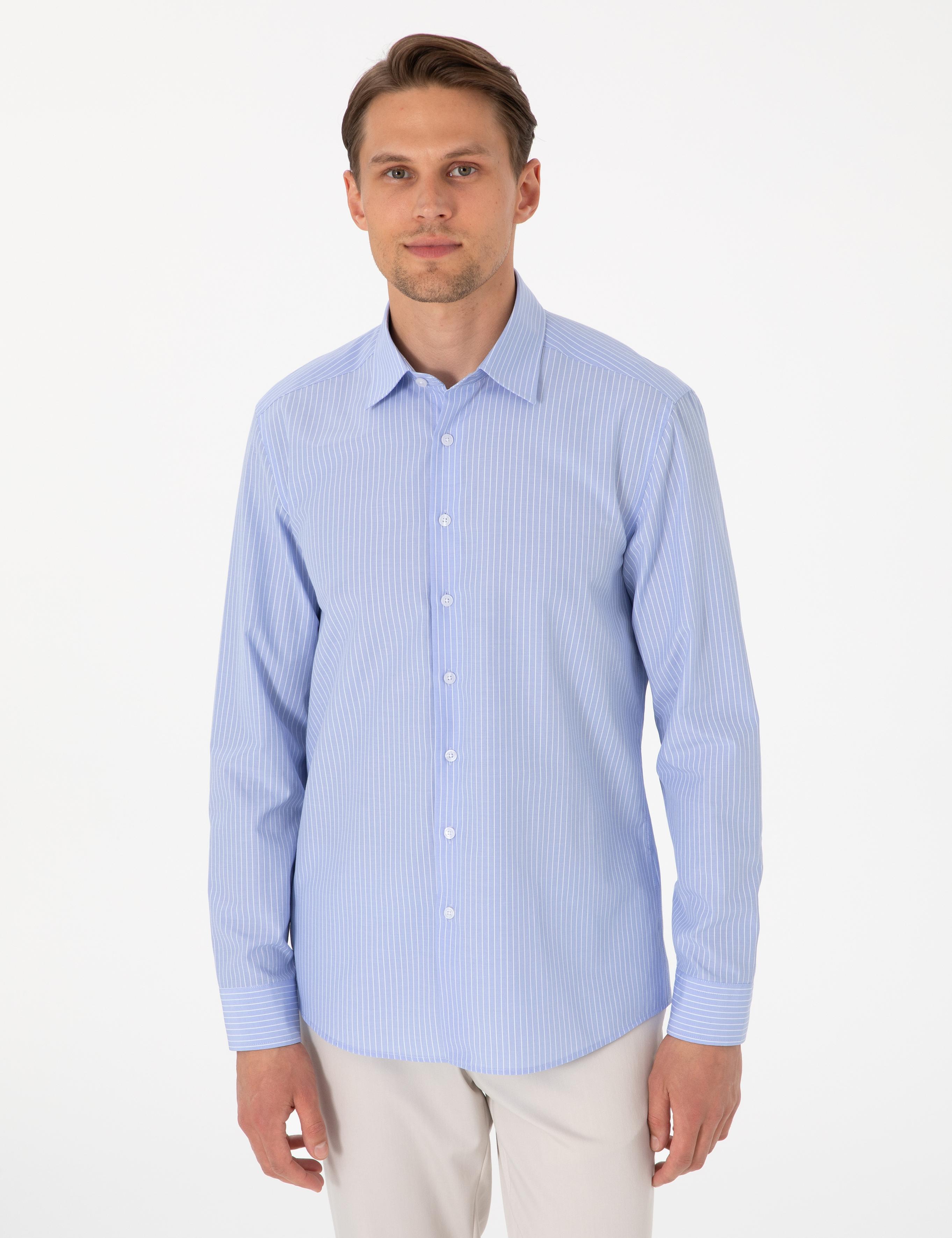 Açık Mavi Slim Fit Çizgili Uzun Kollu Gömlek