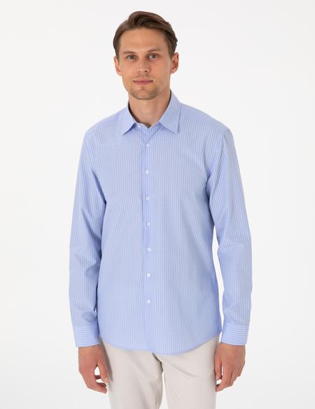 Açık Mavi Slim Fit Çizgili Uzun Kollu Gömlek - 50310777024