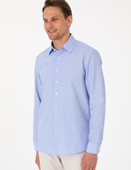 Açık Mavi Slim Fit Çizgili Uzun Kollu Gömlek - 50310777024
