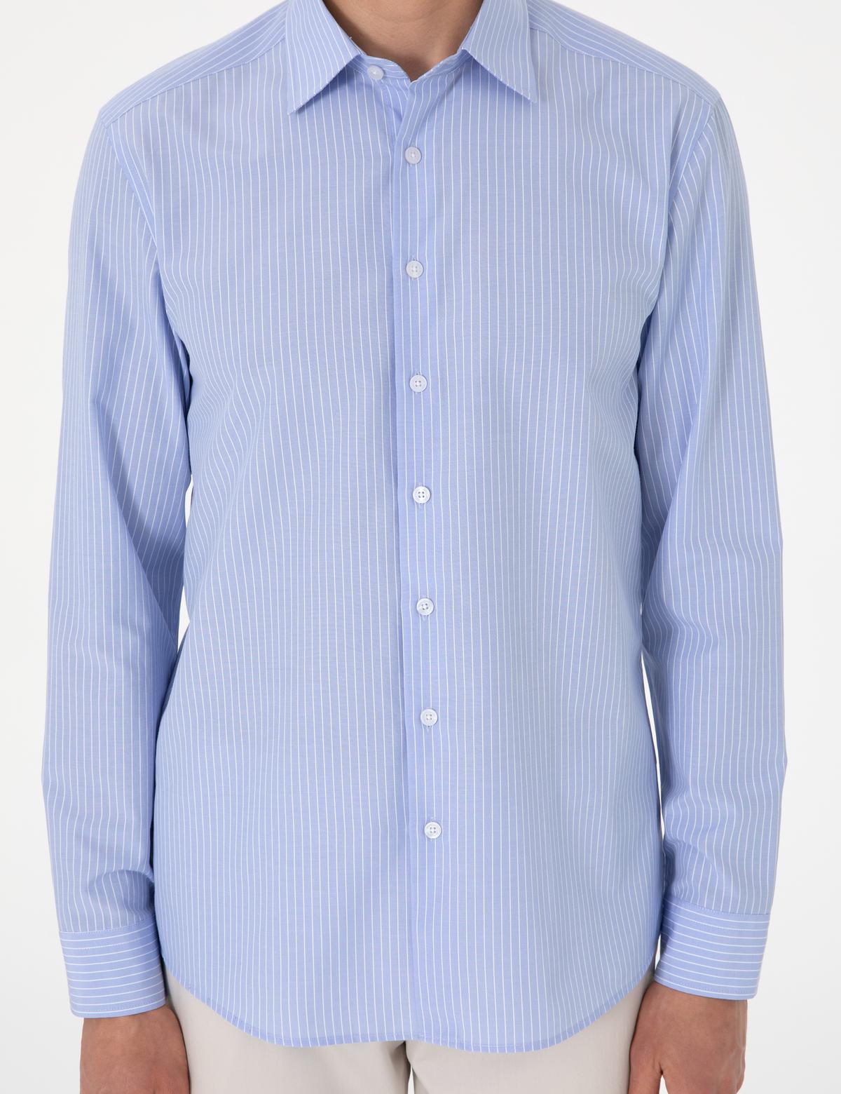 Açık Mavi Slim Fit Çizgili Uzun Kollu Gömlek - 50310777024