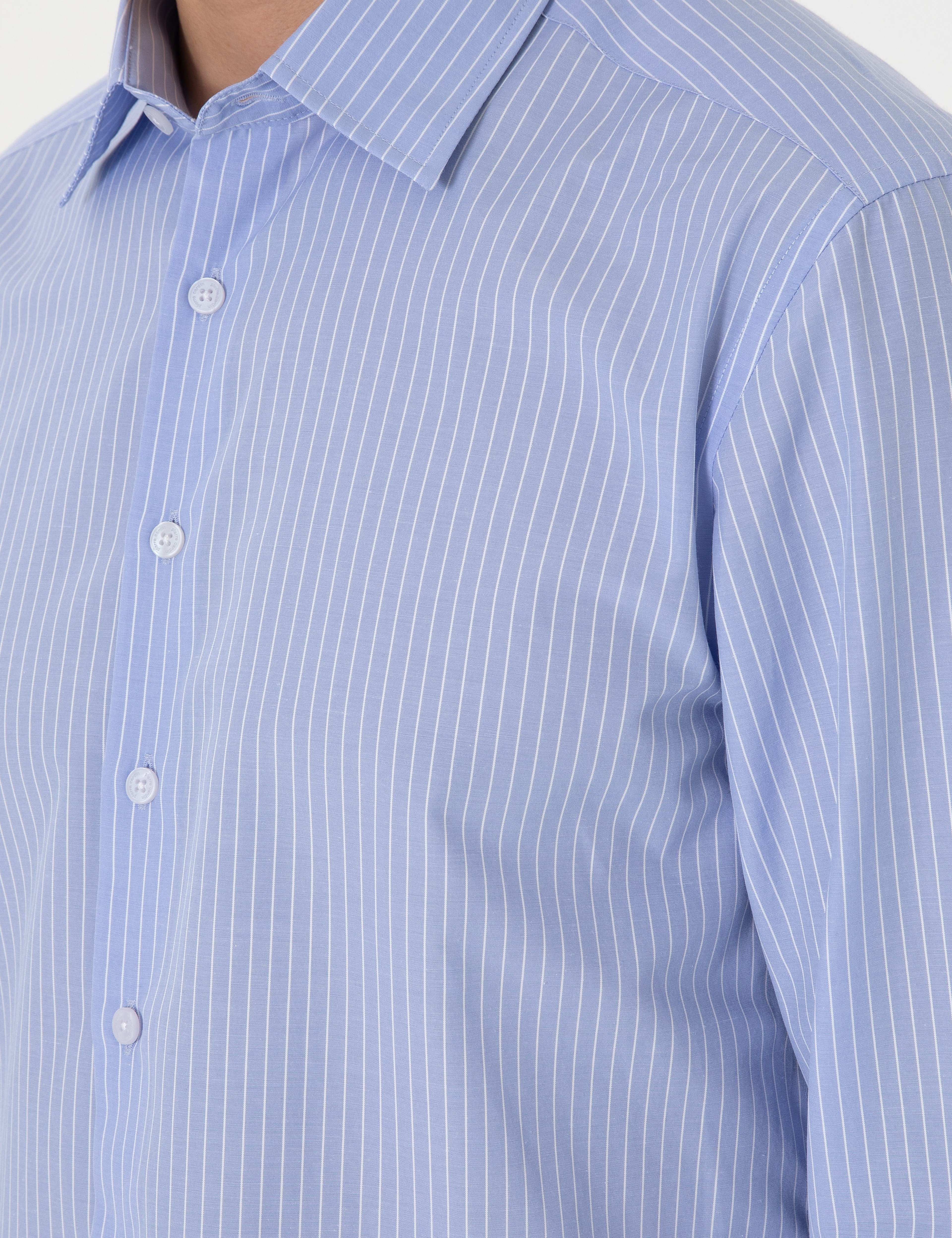 Açık Mavi Slim Fit Çizgili Uzun Kollu Gömlek - Image 7