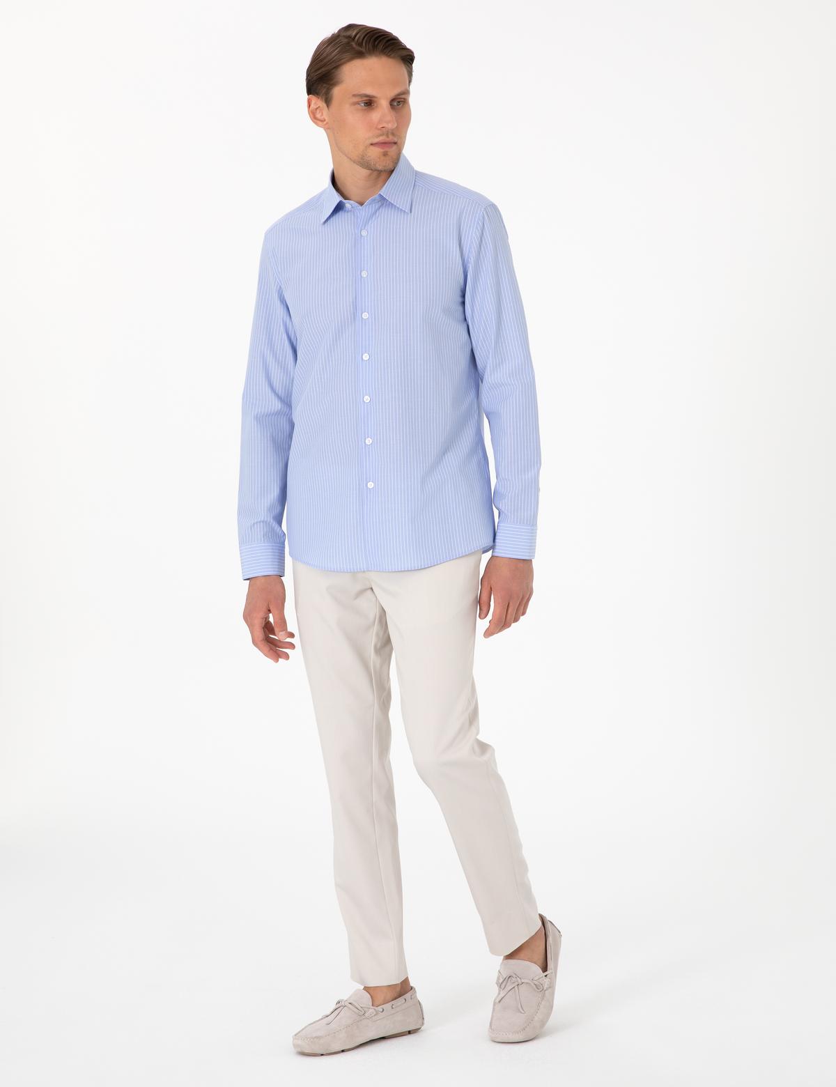 Açık Mavi Slim Fit Çizgili Uzun Kollu Gömlek - 50310777024