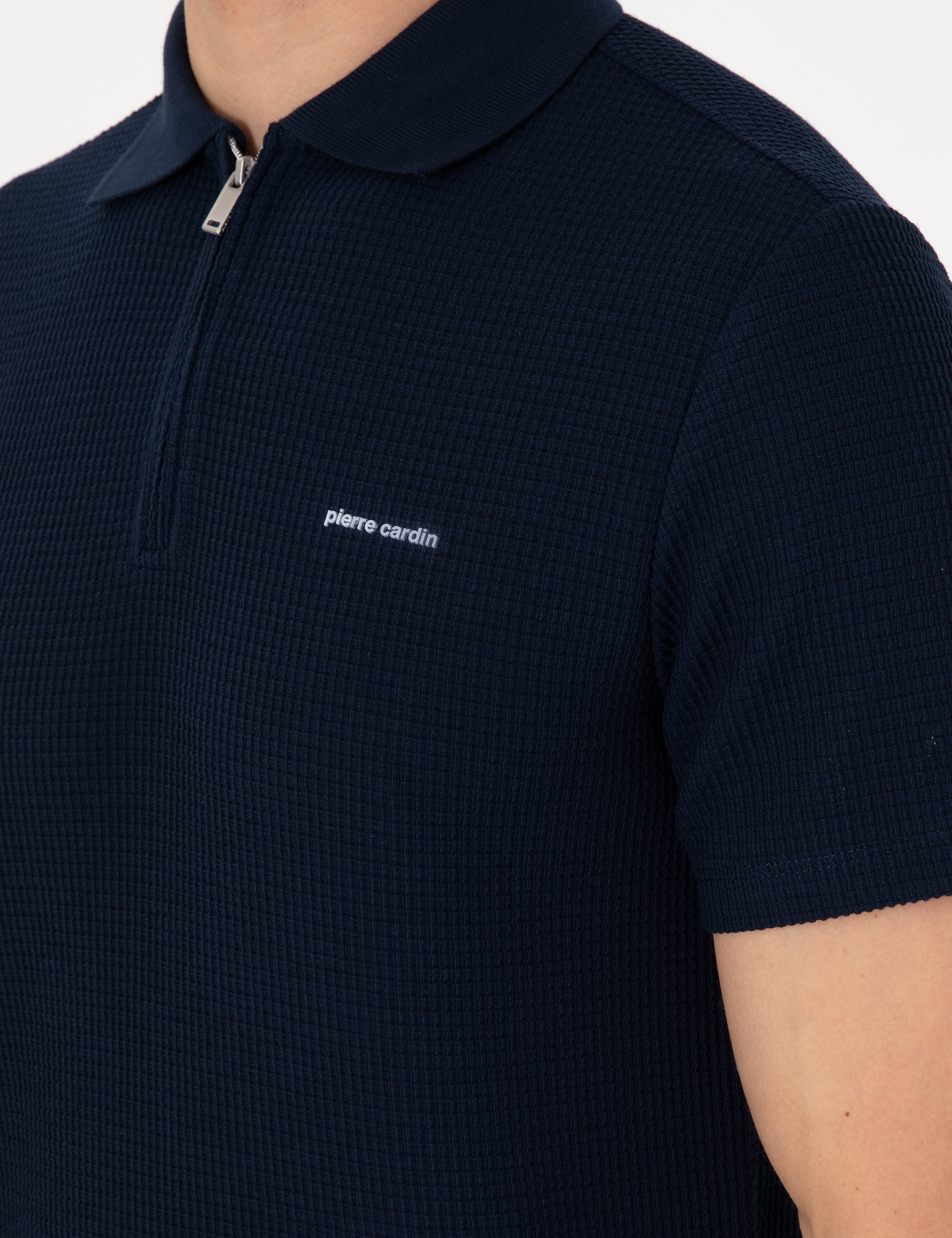 Lacivert Slim Fit Örme Dokulu Fermuarlı Polo Yaka Tişört