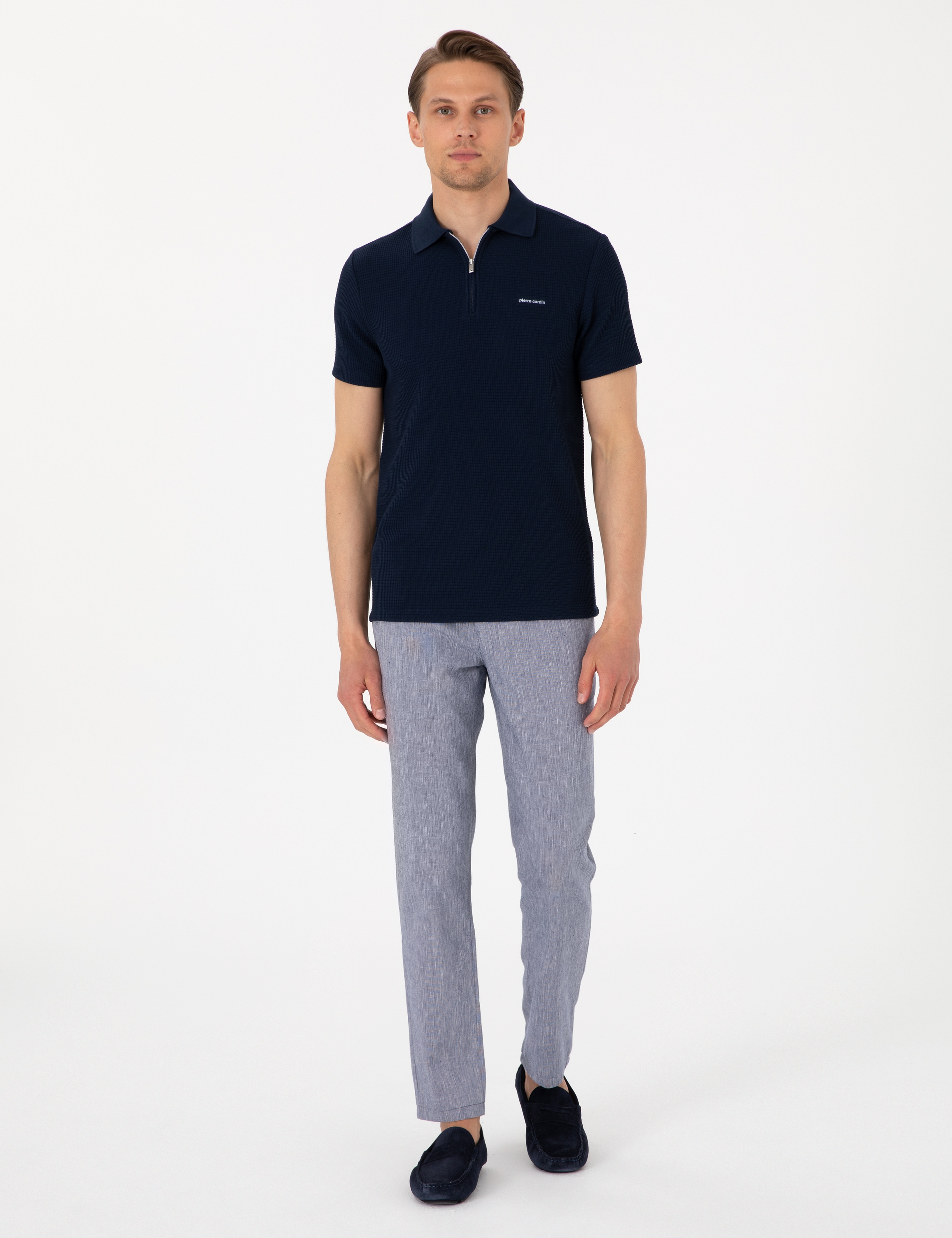 Lacivert Slim Fit Örme Dokulu Fermuarlı Polo Yaka Tişört - Image 4