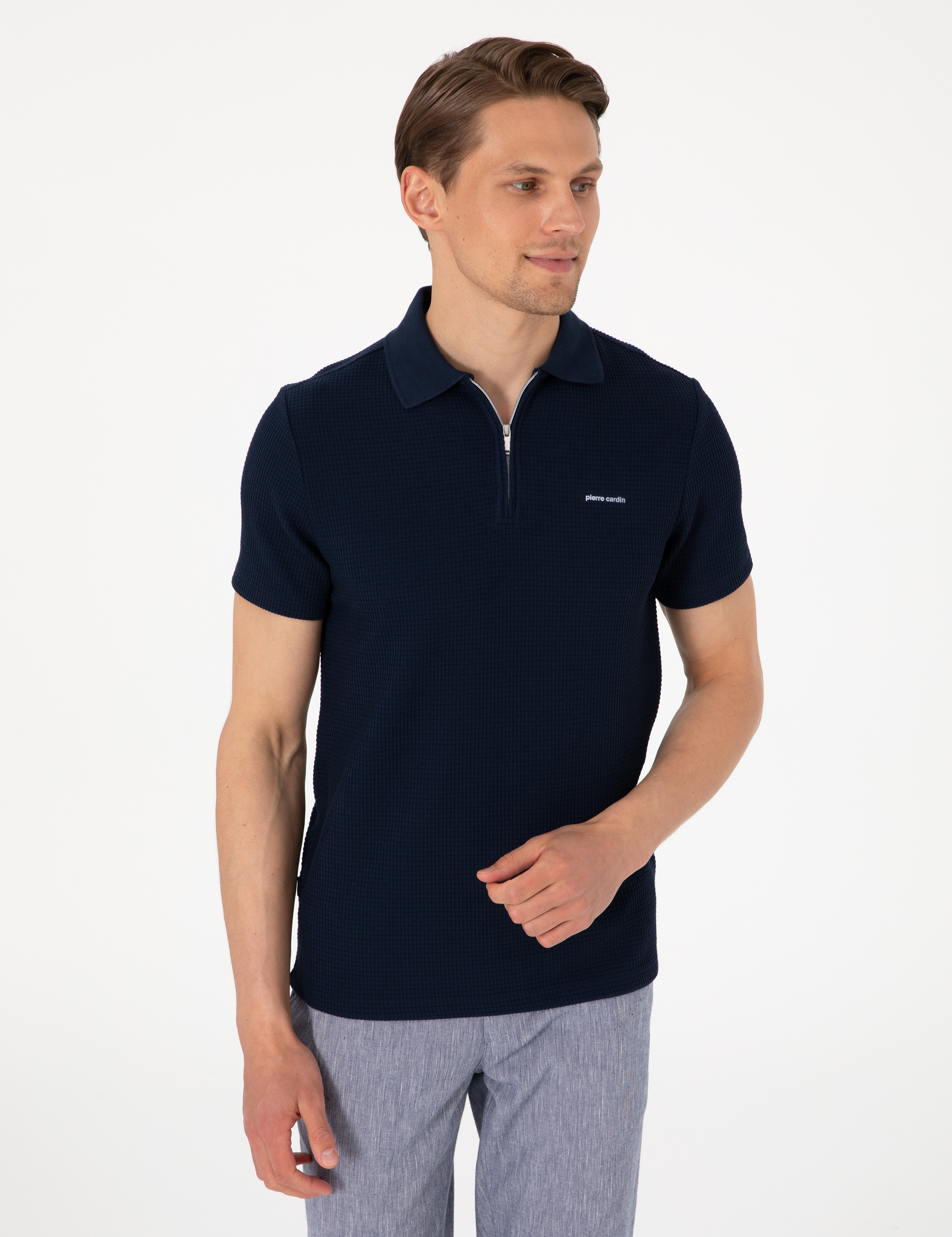 Lacivert Slim Fit Örme Dokulu Fermuarlı Polo Yaka Tişört
