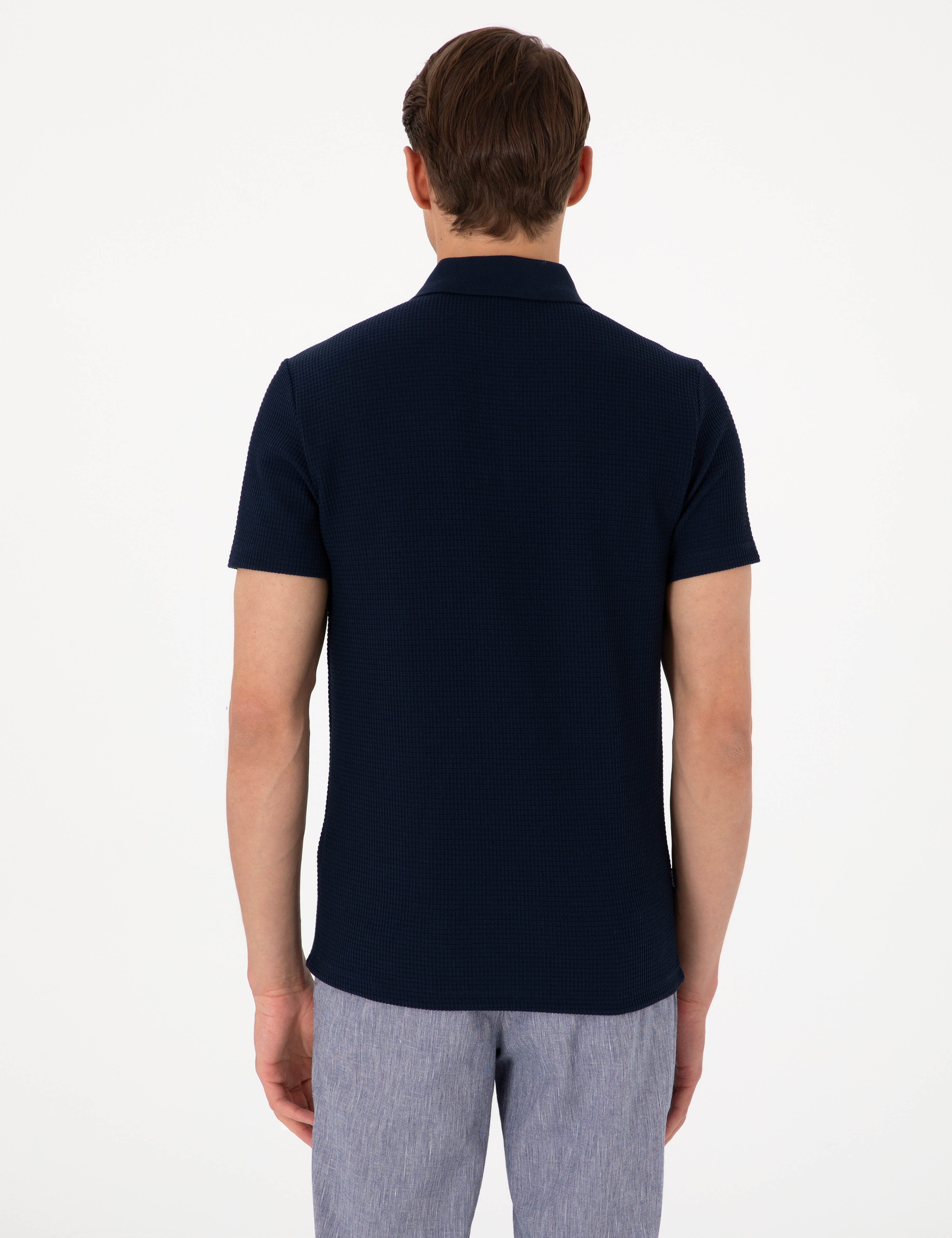 Lacivert Slim Fit Örme Dokulu Fermuarlı Polo Yaka Tişört