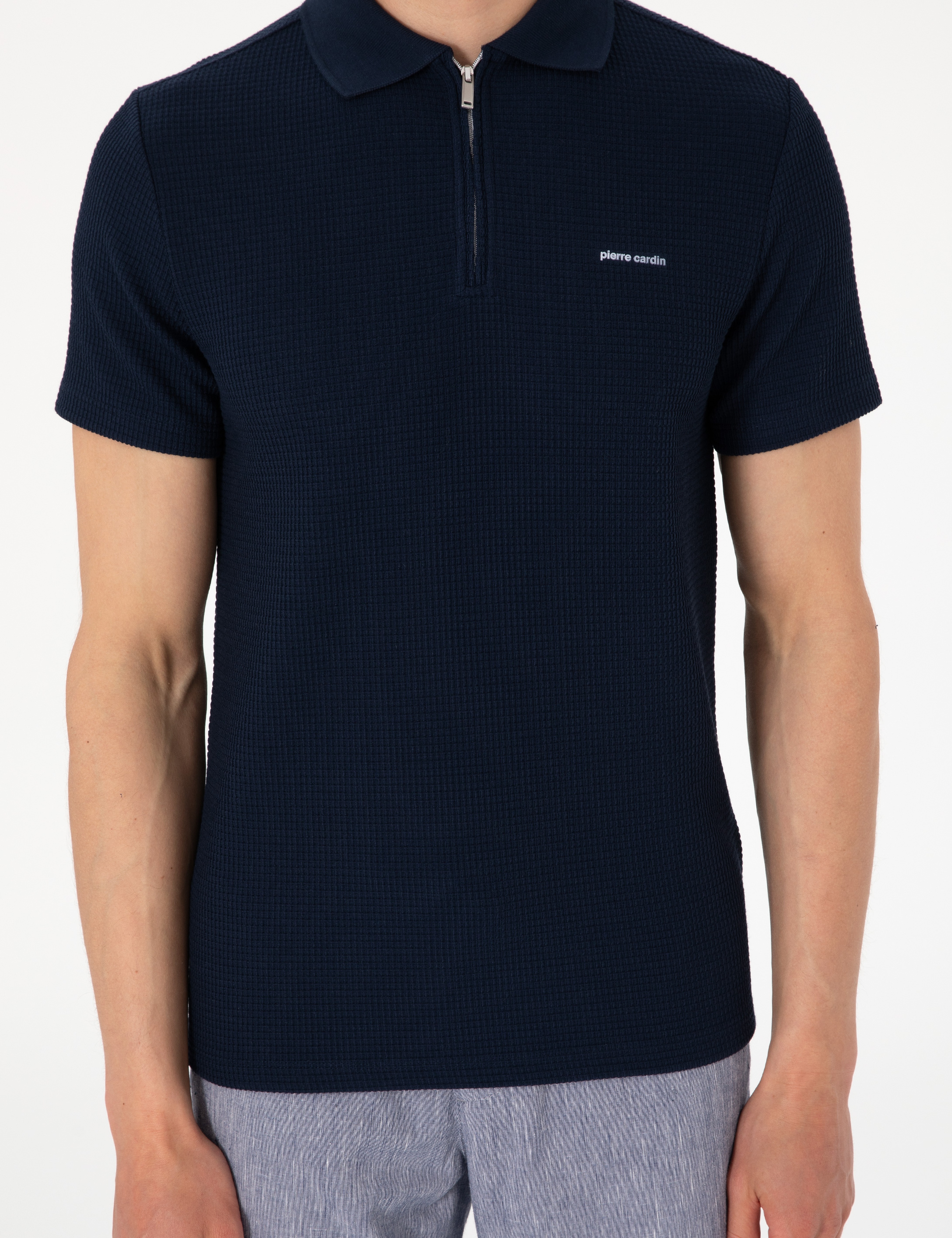 Lacivert Slim Fit Örme Dokulu Fermuarlı Polo Yaka Tişört - Image 6
