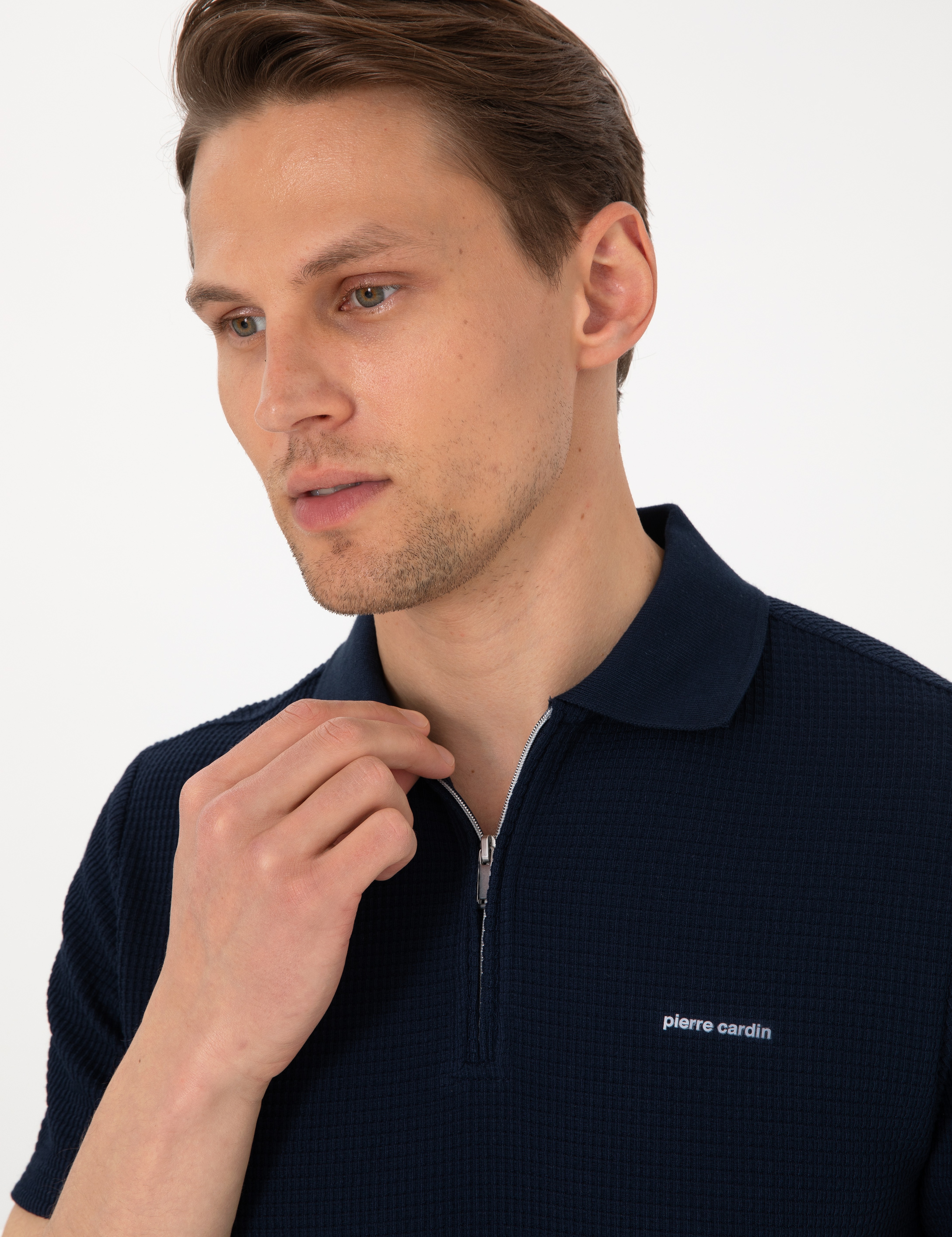 Lacivert Slim Fit Örme Dokulu Fermuarlı Polo Yaka Tişört - Image 2