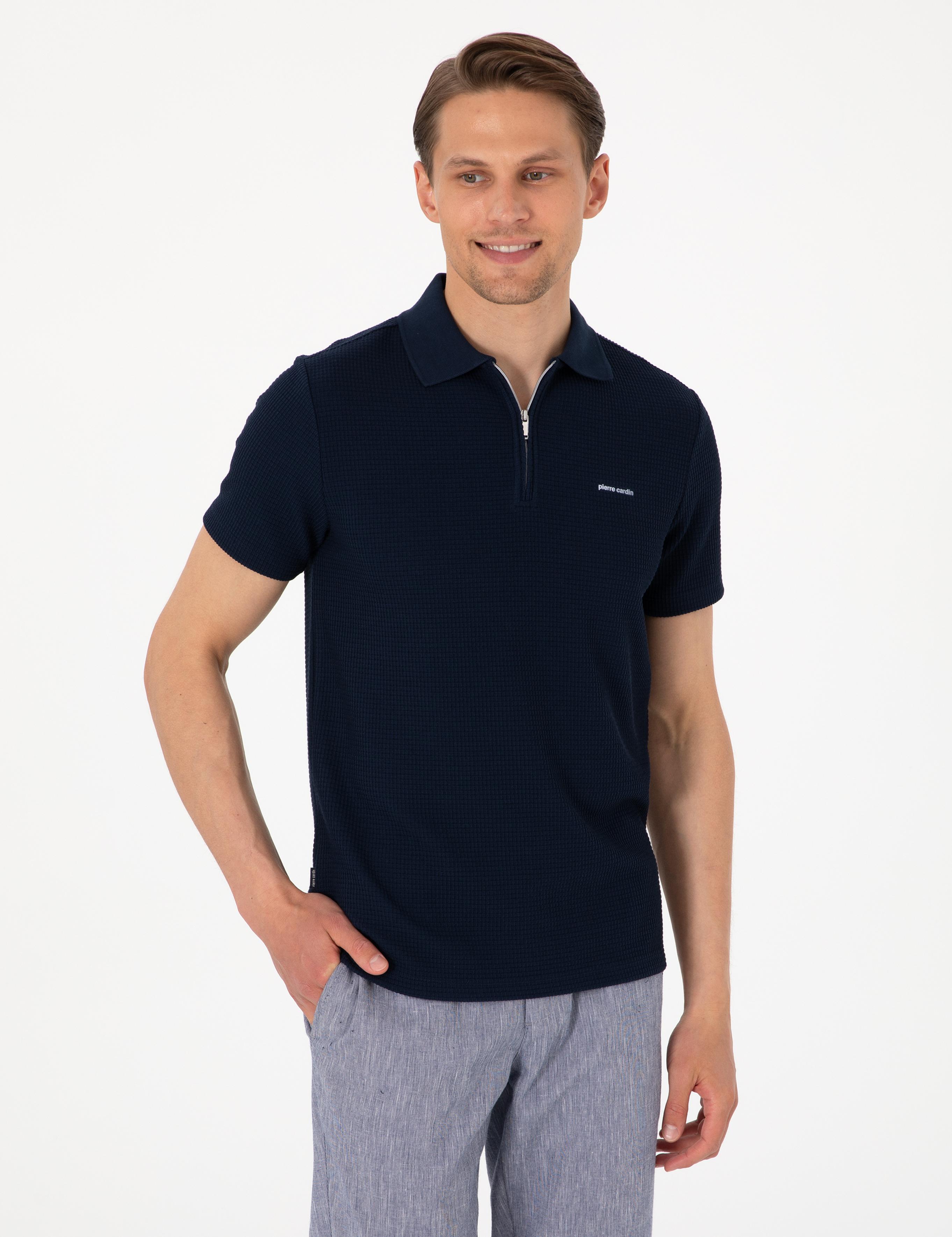 Lacivert Slim Fit Örme Dokulu Polo Yaka Tişört