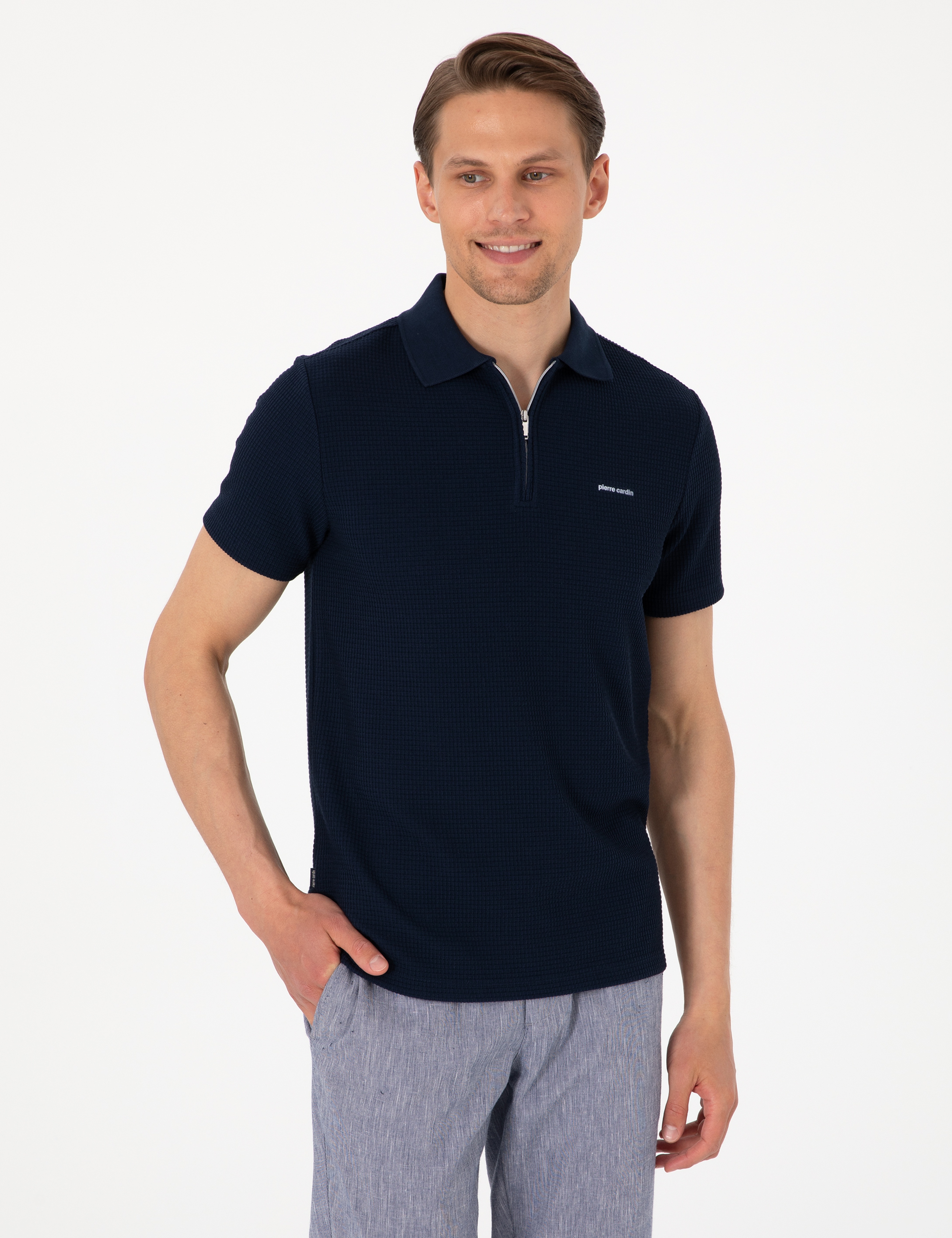 Lacivert Slim Fit Örme Dokulu Fermuarlı Polo Yaka Tişört - Image 3