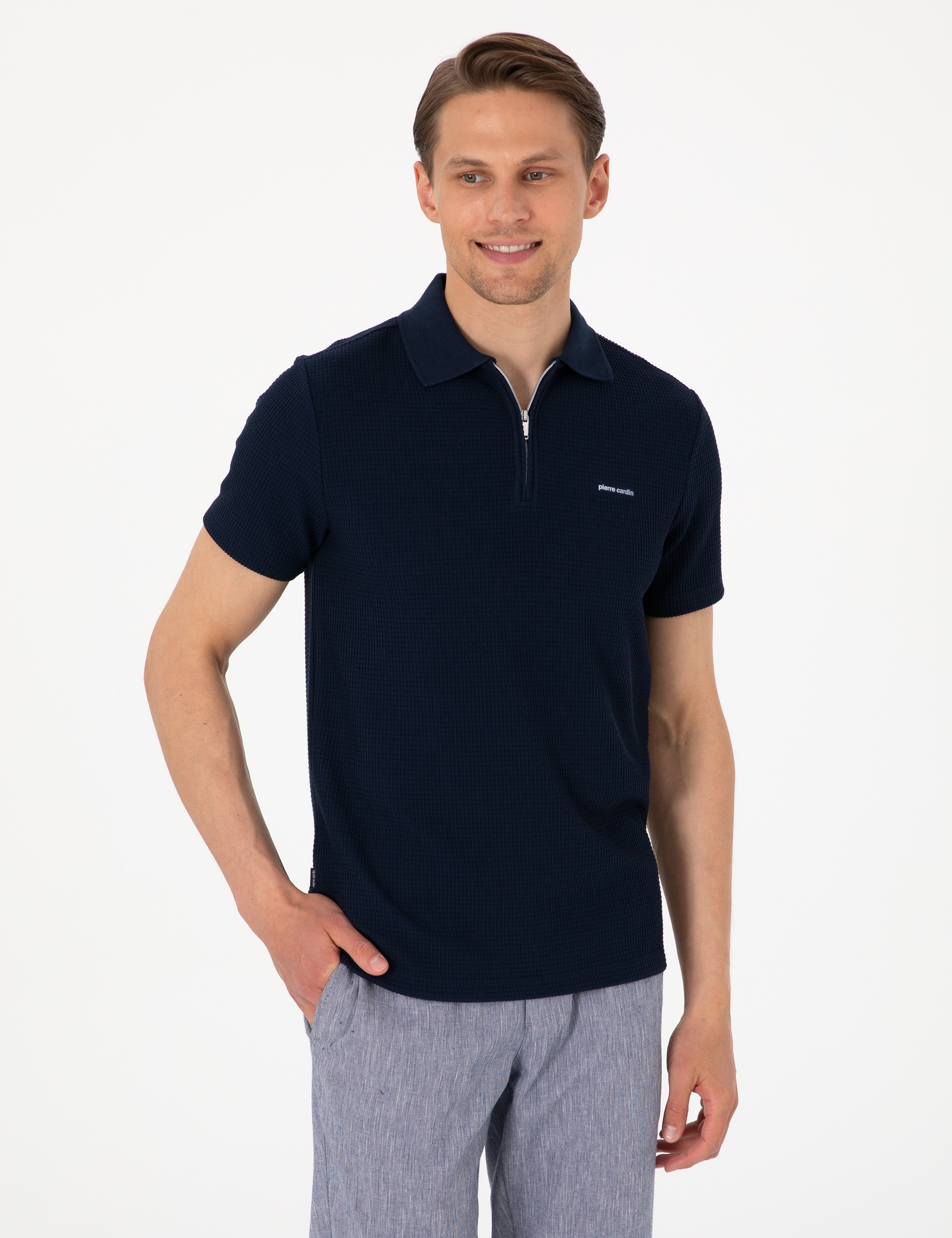 Lacivert Slim Fit Örme Dokulu Fermuarlı Polo Yaka Tişört