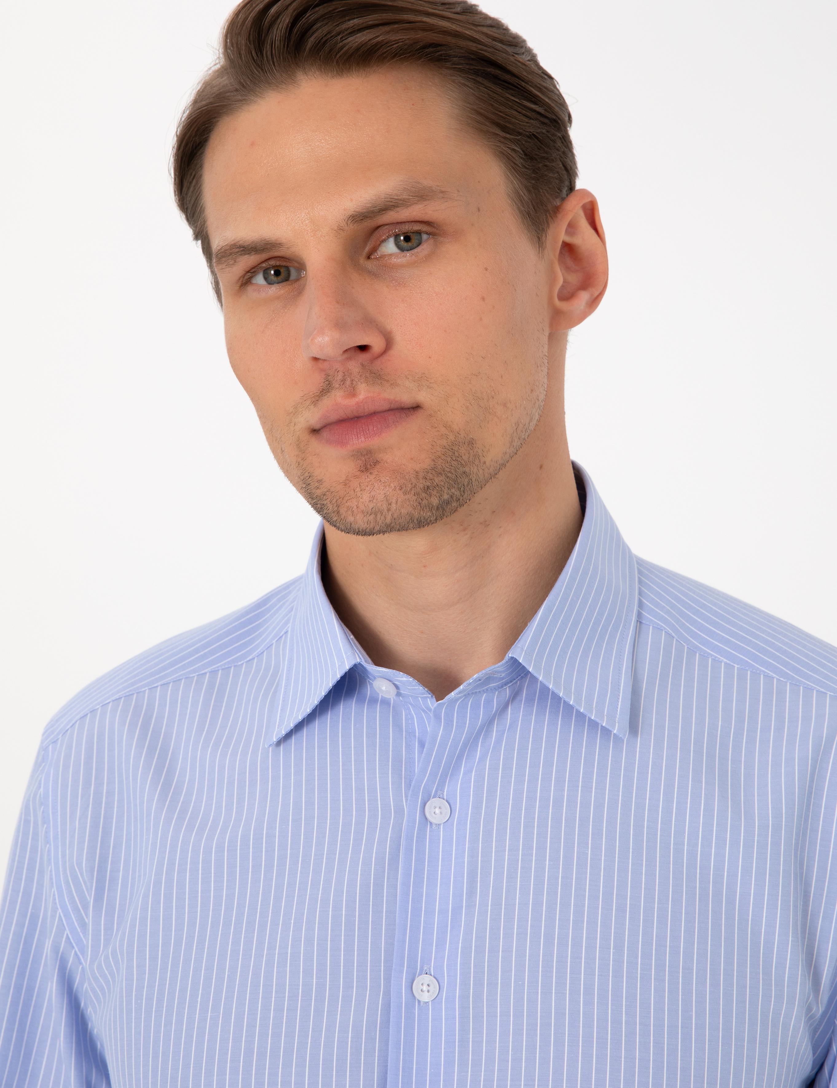 Açık Mavi Slim Fit Çizgili Uzun Kollu Gömlek