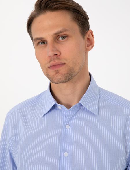 Açık Mavi Slim Fit Çizgili Uzun Kollu Gömlek - 50310777024