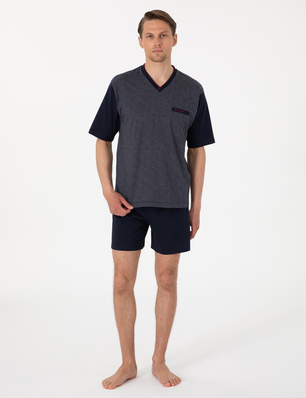 Lacivert Kısakol 3'lü Jakarlı Pijama Takımı