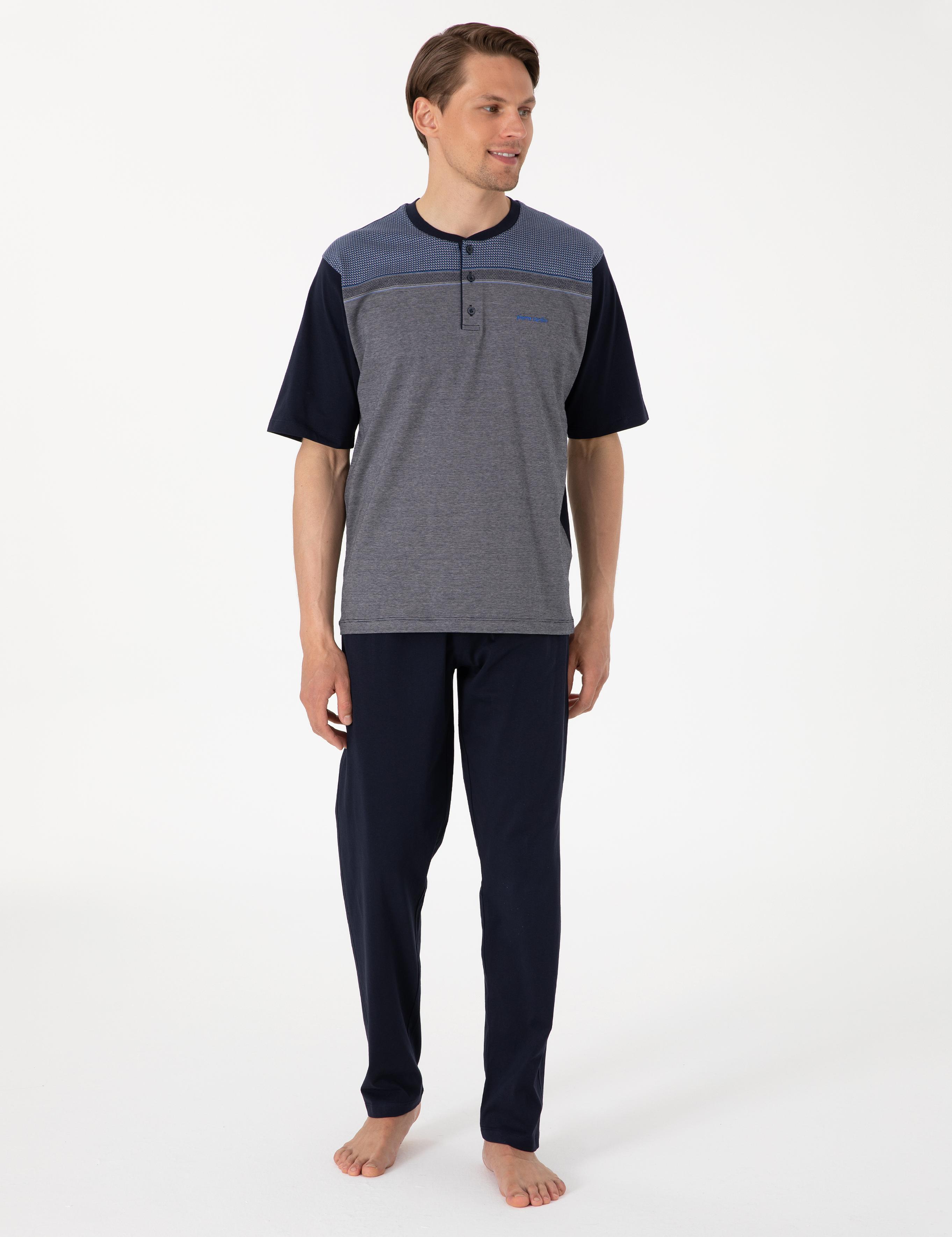 Lacivert Kısakol 3'lü Jakarlı Pijama Takımı