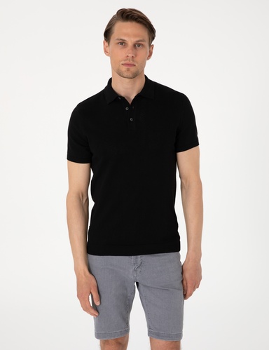Siyah Slim Fit %100 Pamuk Düğmeli Polo Yaka Triko Tişört