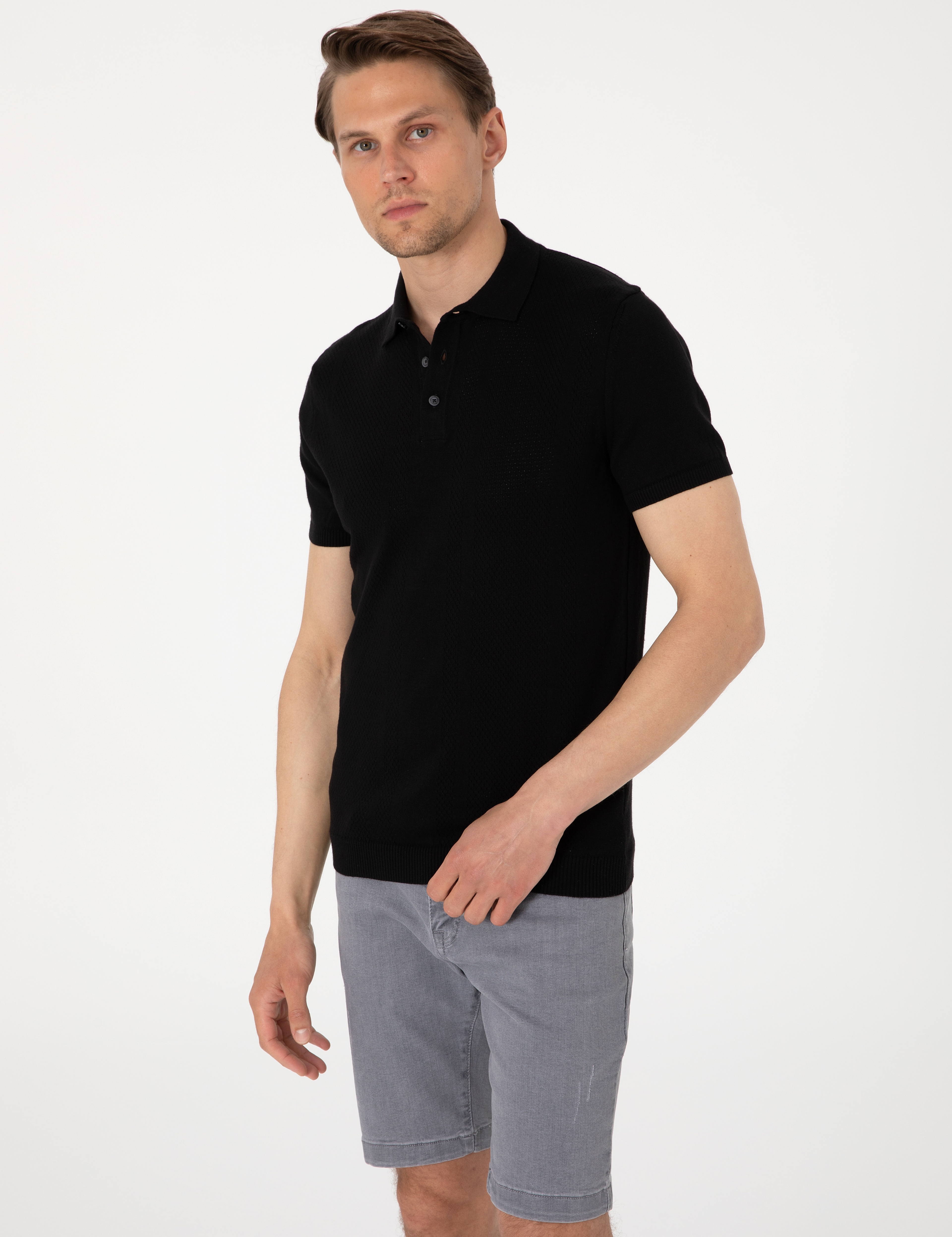 Siyah Slim Fit %100 Pamuk Polo Yaka Triko Tişört - Image 3