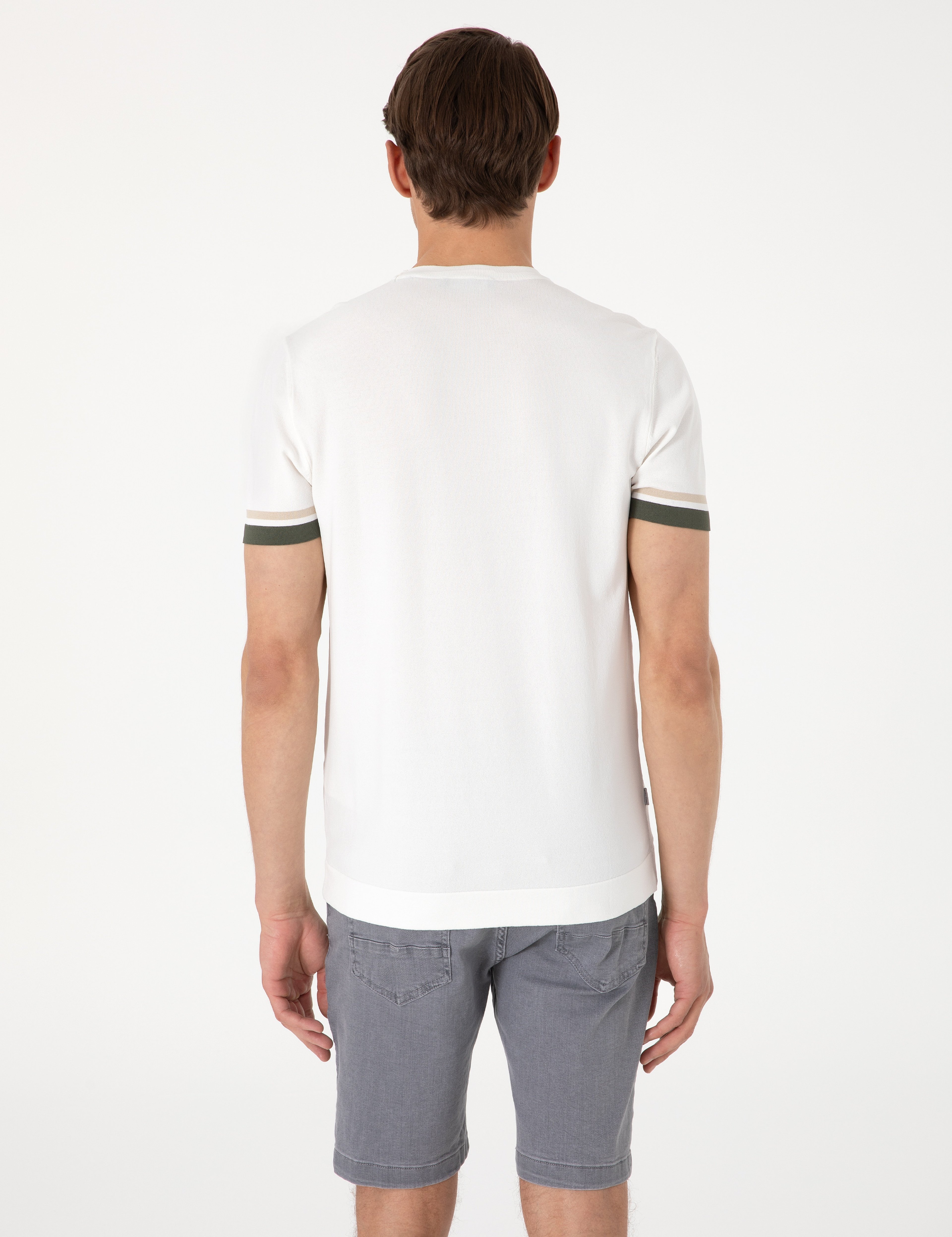 Ekru Slim Fit Bisiklet Yaka Triko Tişört - Image 2