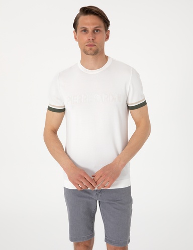 Ekru Slim Fit Bisiklet Yaka Triko Tişört