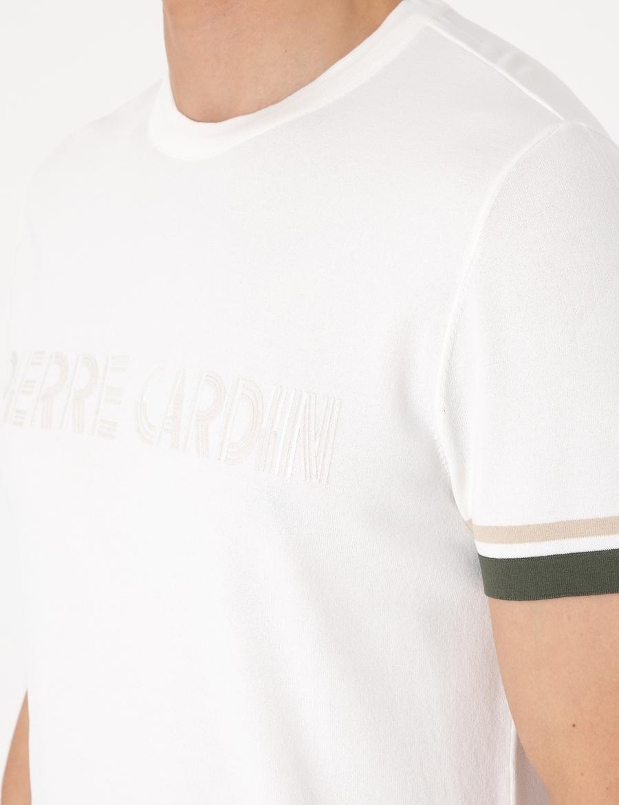 Ekru Slim Fit Bisiklet Yaka Triko Tişört