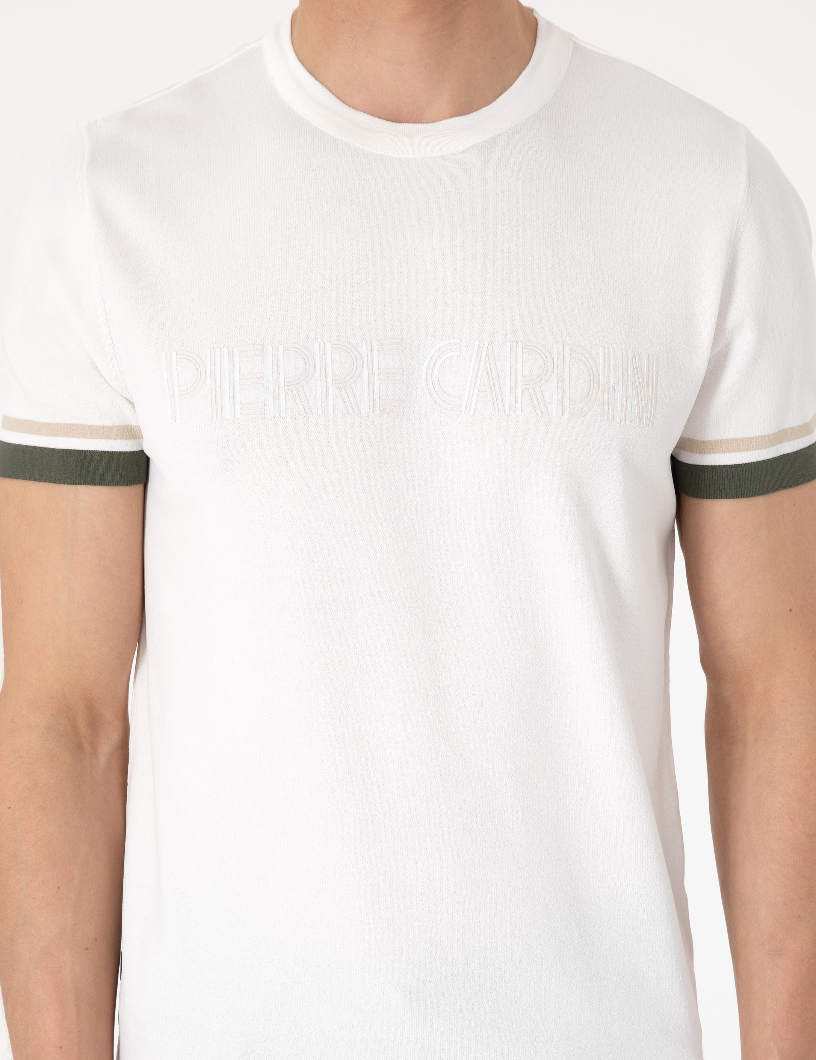 Ekru Slim Fit Bisiklet Yaka Triko Tişört