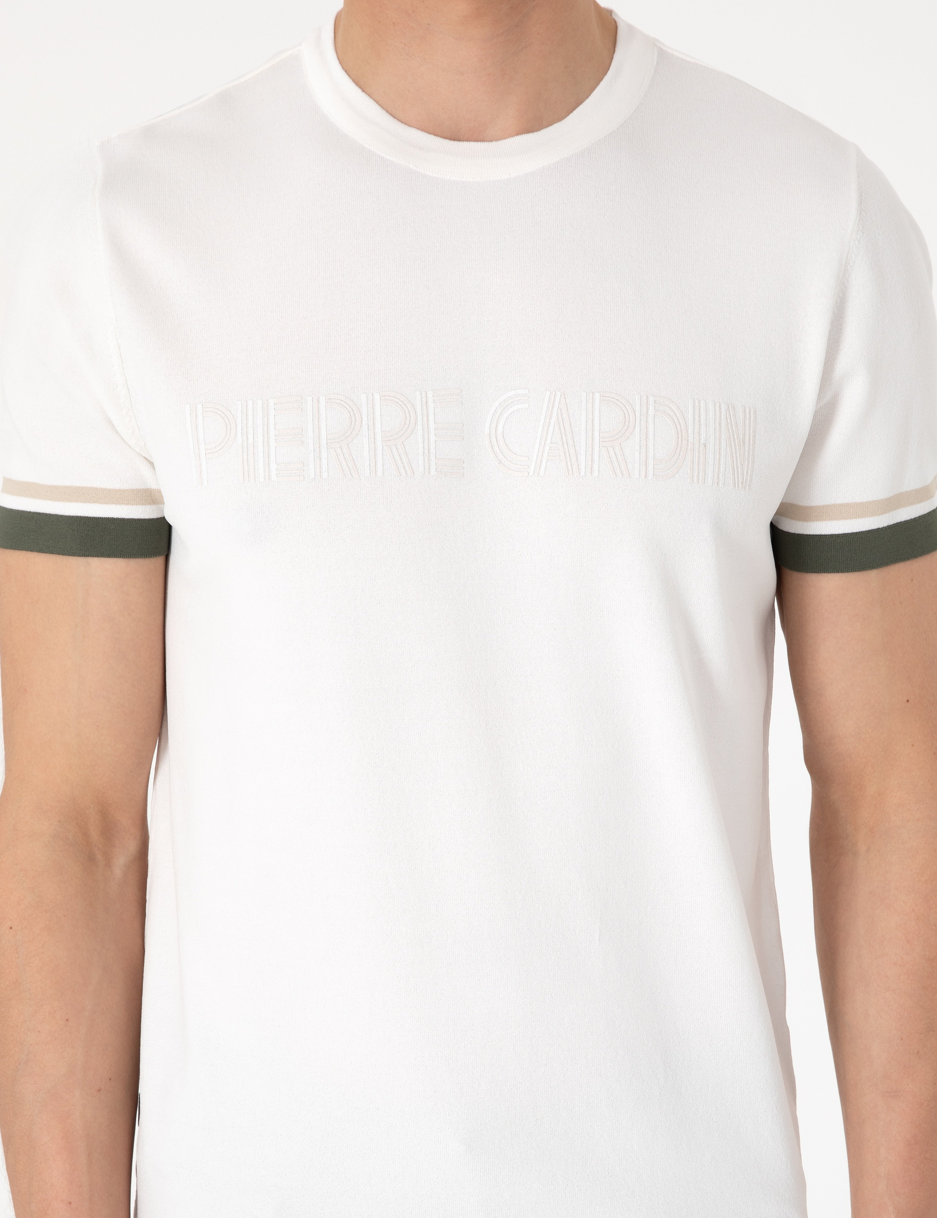 Ekru Slim Fit Bisiklet Yaka Triko Tişört - Image 6