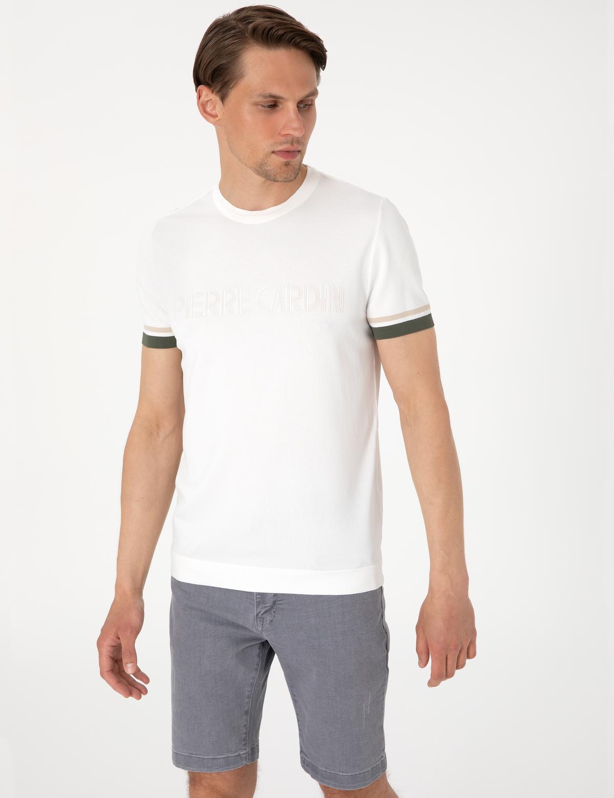 Ekru Slim Fit Bisiklet Yaka Triko Tişört - 50306024004