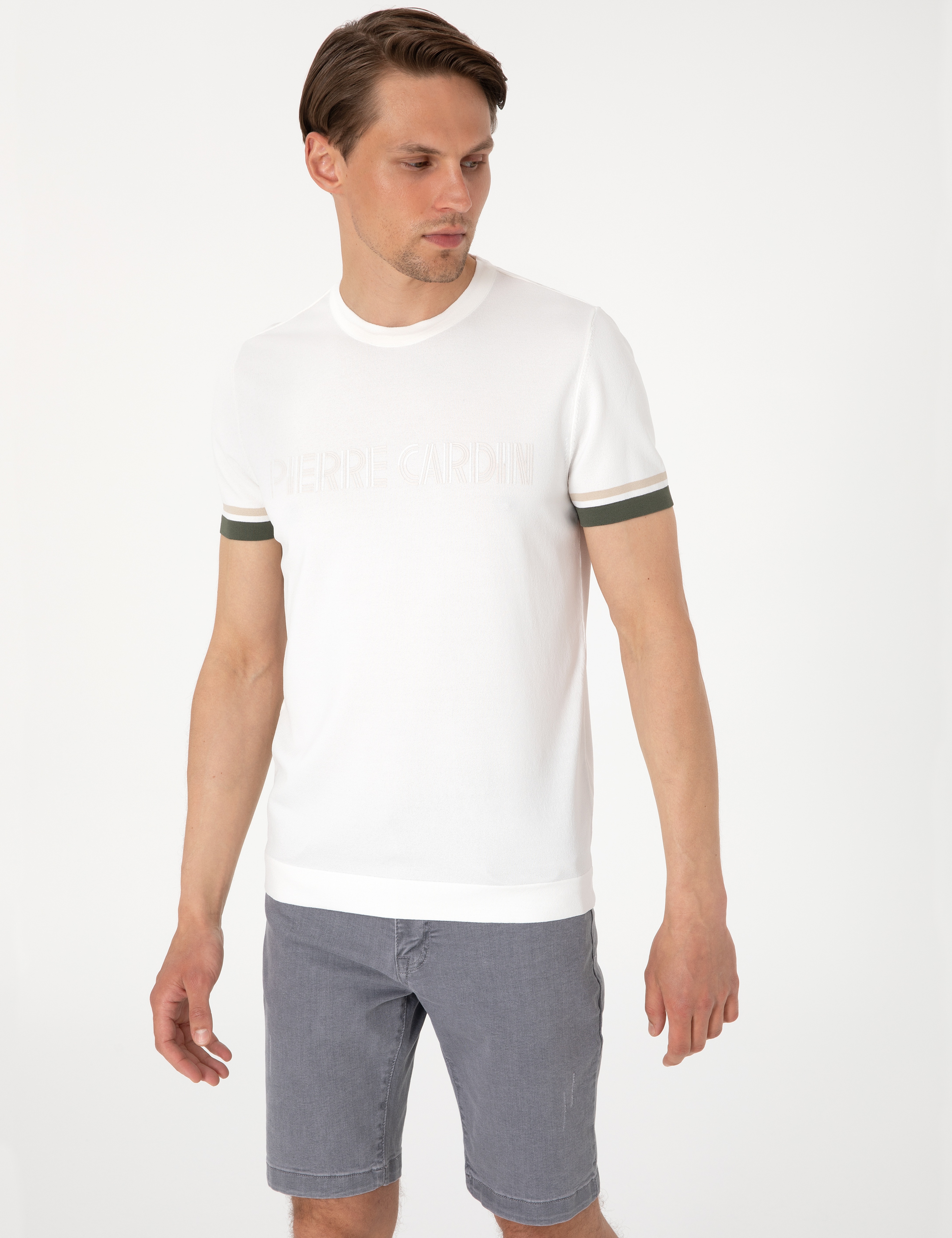 Ekru Slim Fit Bisiklet Yaka Triko Tişört - Image 3