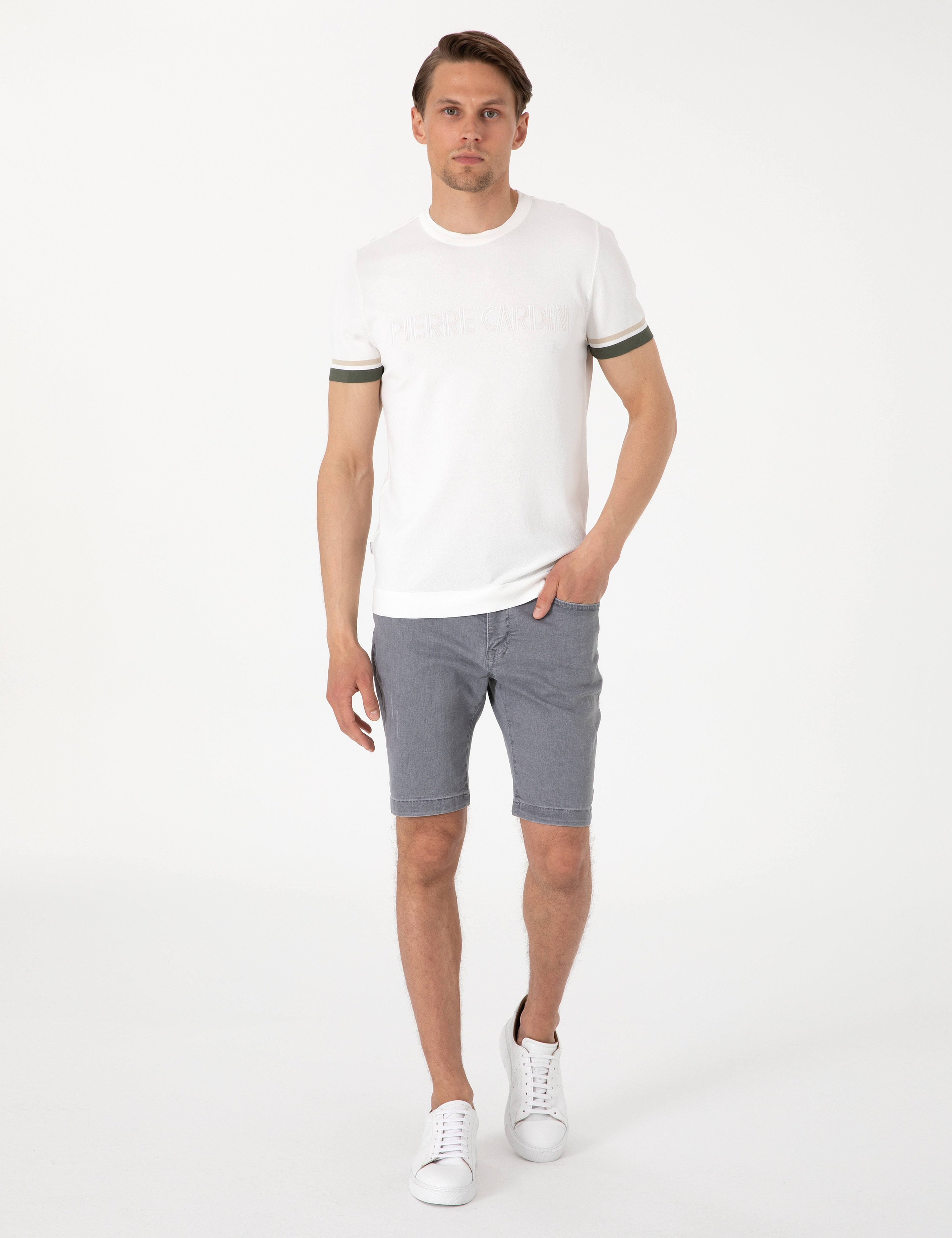 Ekru Slim Fit Bisiklet Yaka Triko Tişört - Image 4