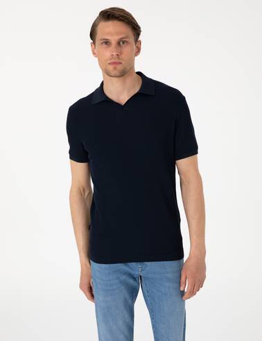Lacivert Slim Fit Apaş Yaka Triko Tişört