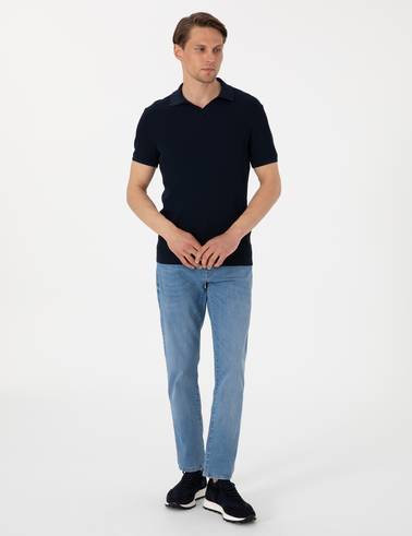 Lacivert Slim Fit Apaş Yaka Triko Tişört