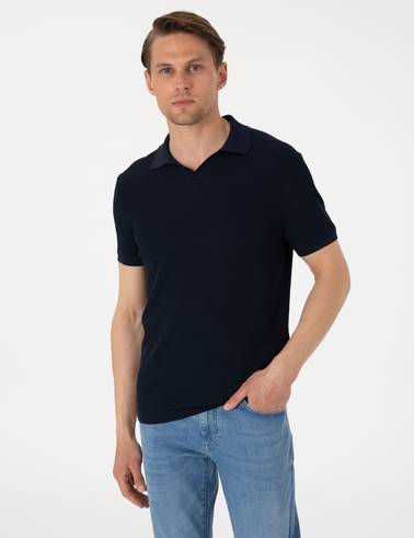Lacivert Slim Fit Apaş Yaka Triko Tişört