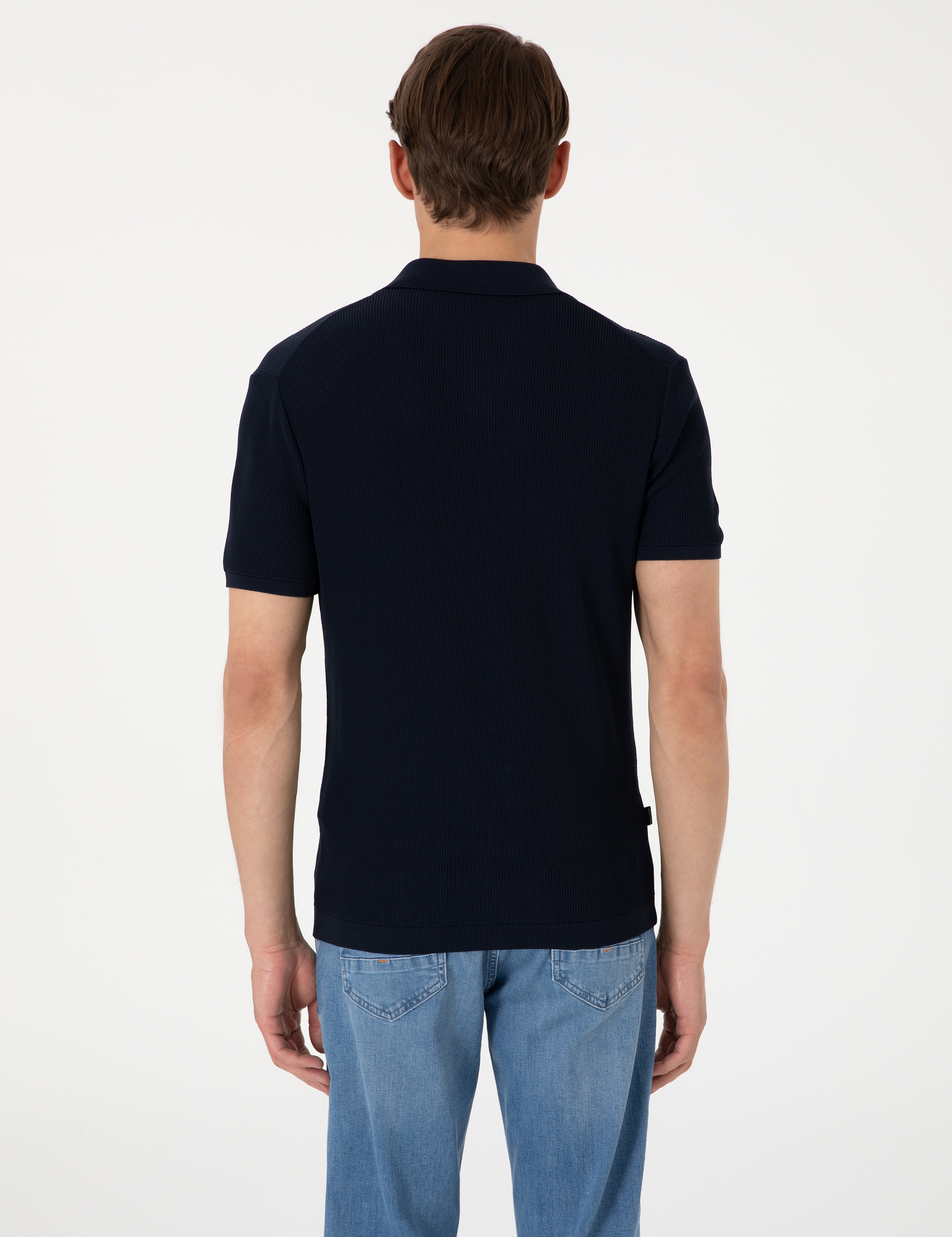 Lacivert Slim Fit Apaş Yaka Triko Tişört - Image 5