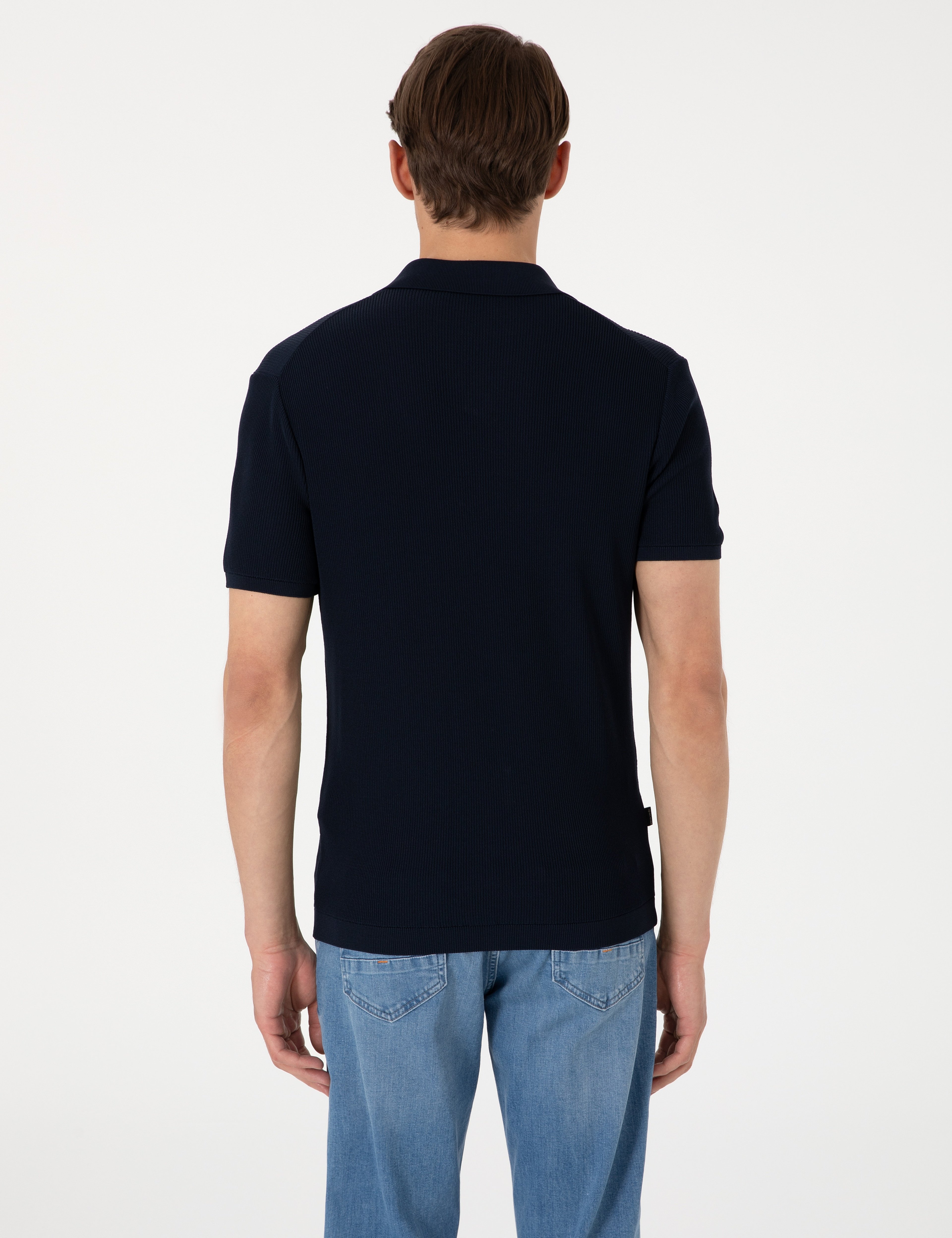 Lacivert Slim Fit Apaş Yaka Triko Tişört