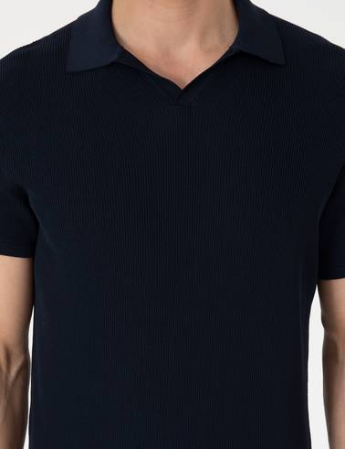 Lacivert Slim Fit Apaş Yaka Triko Tişört
