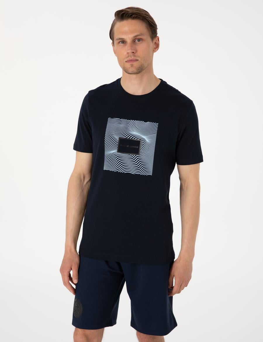 Lacivert Regular Fit Isıya Duyarlı Renk Değiştiren Baskı Çerçeveli Tişört