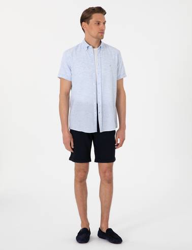 Lacivert Slim Fit Beli Lastikli Bağcıklı Dokuma Şort