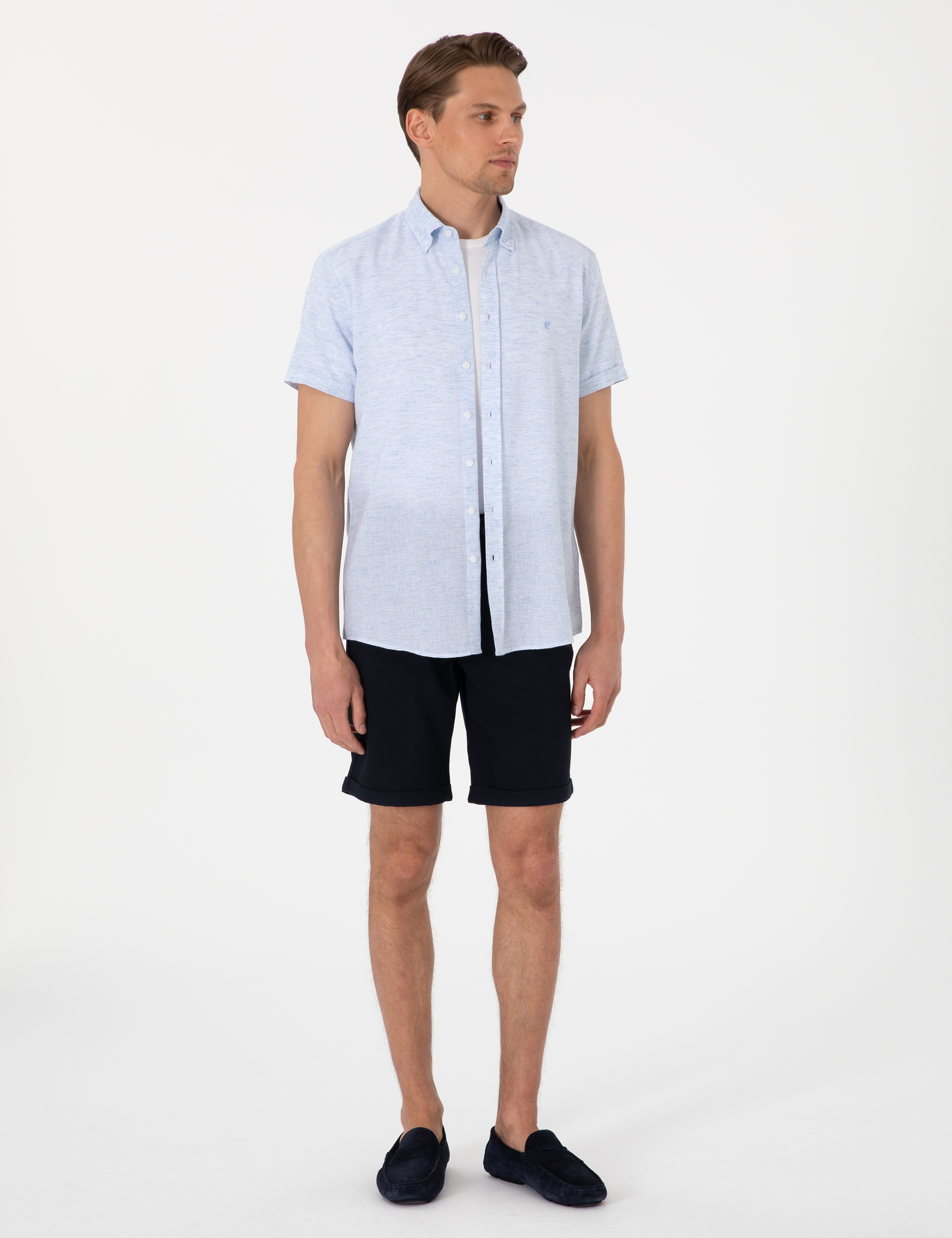 Lacivert Slim Fit Beli Lastikli Bağcıklı Dokuma Şort - Image 3